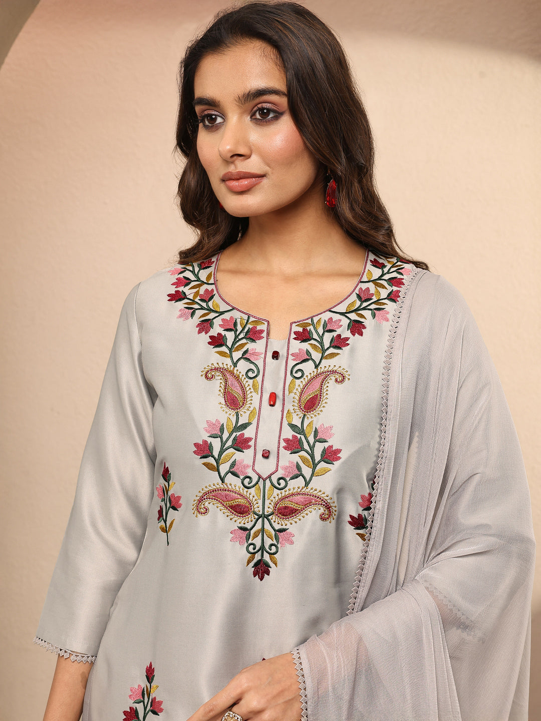  Grey Embroidered Silk Blend Straight Suit Set With Dupatta 