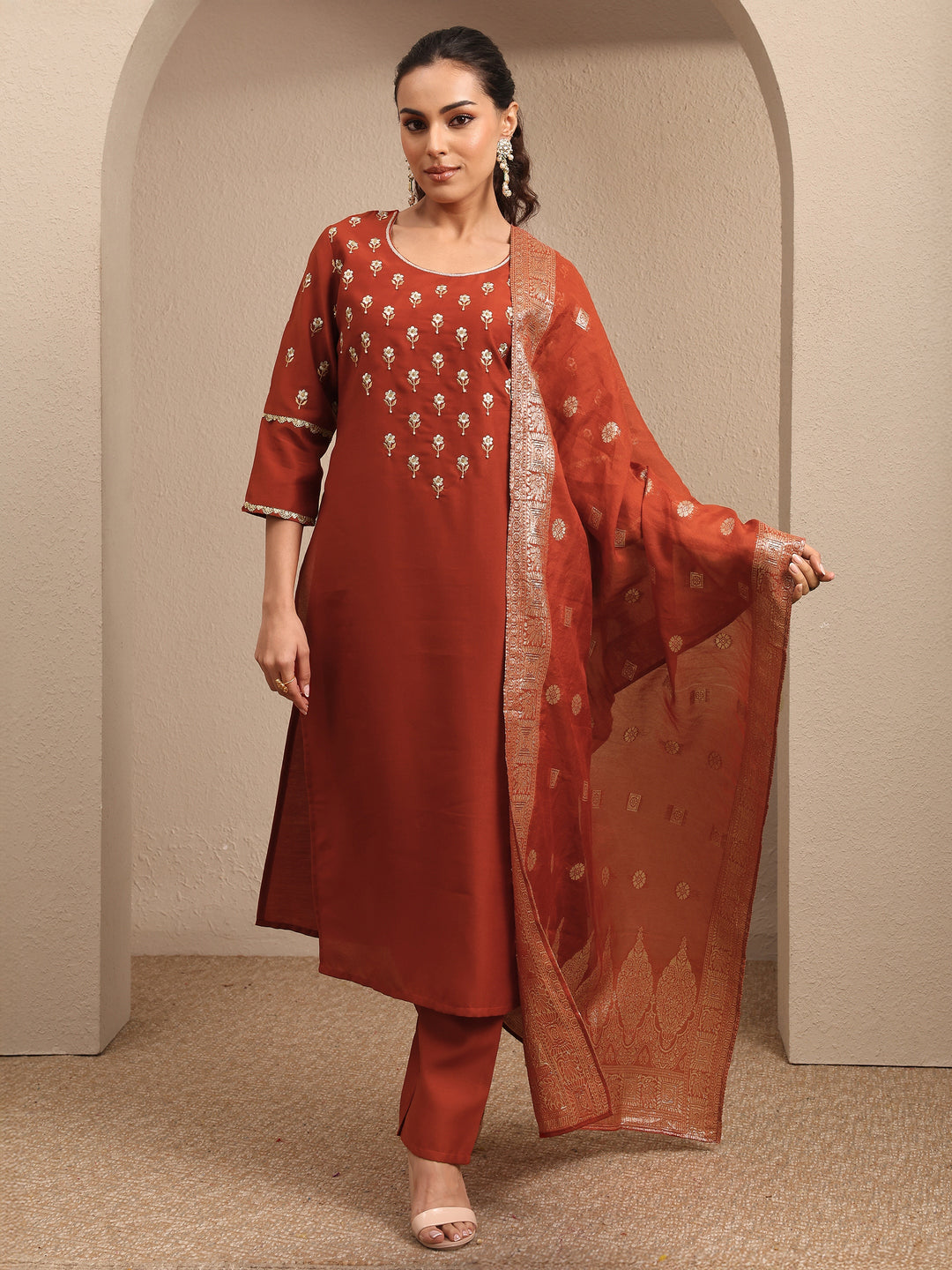  Rust Embroidered Silk blend Straight Suit Set With Dupatta 