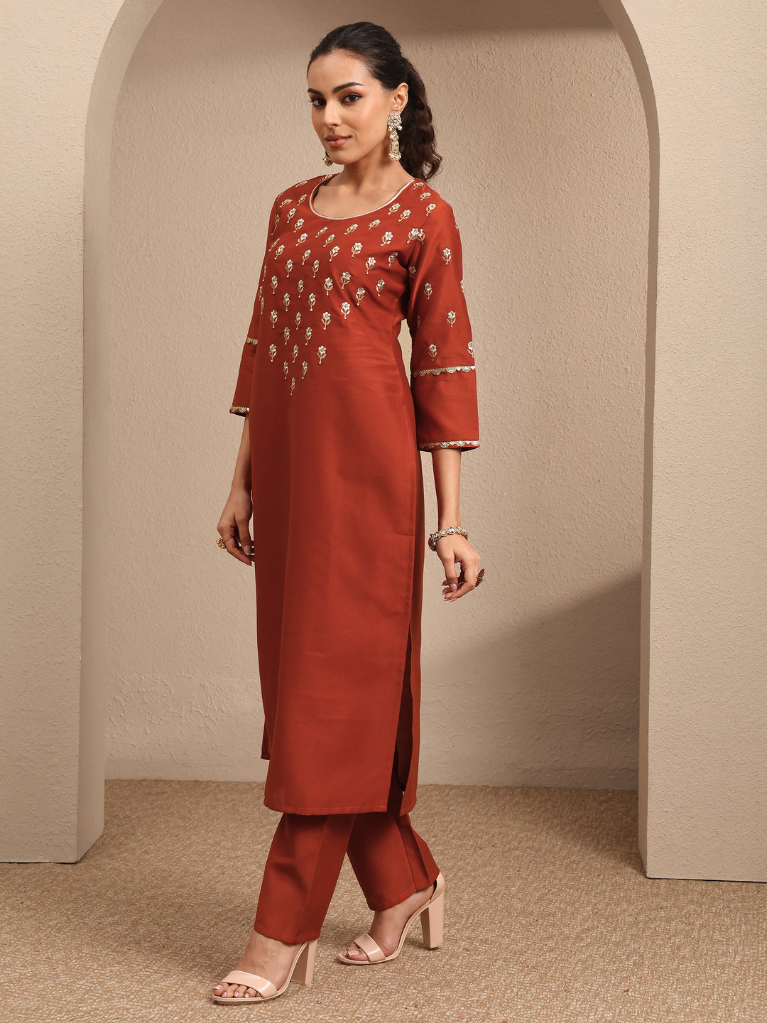  Rust Embroidered Silk blend Straight Suit Set With Dupatta 