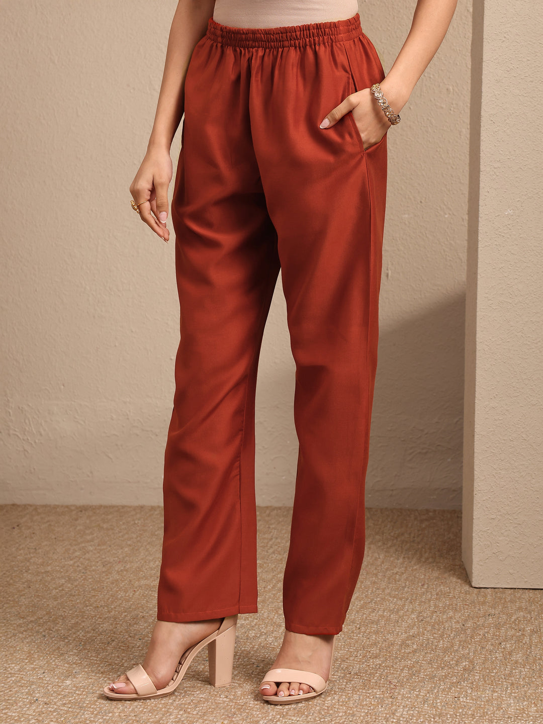  Rust Embroidered Silk blend Straight Suit Set With Dupatta 