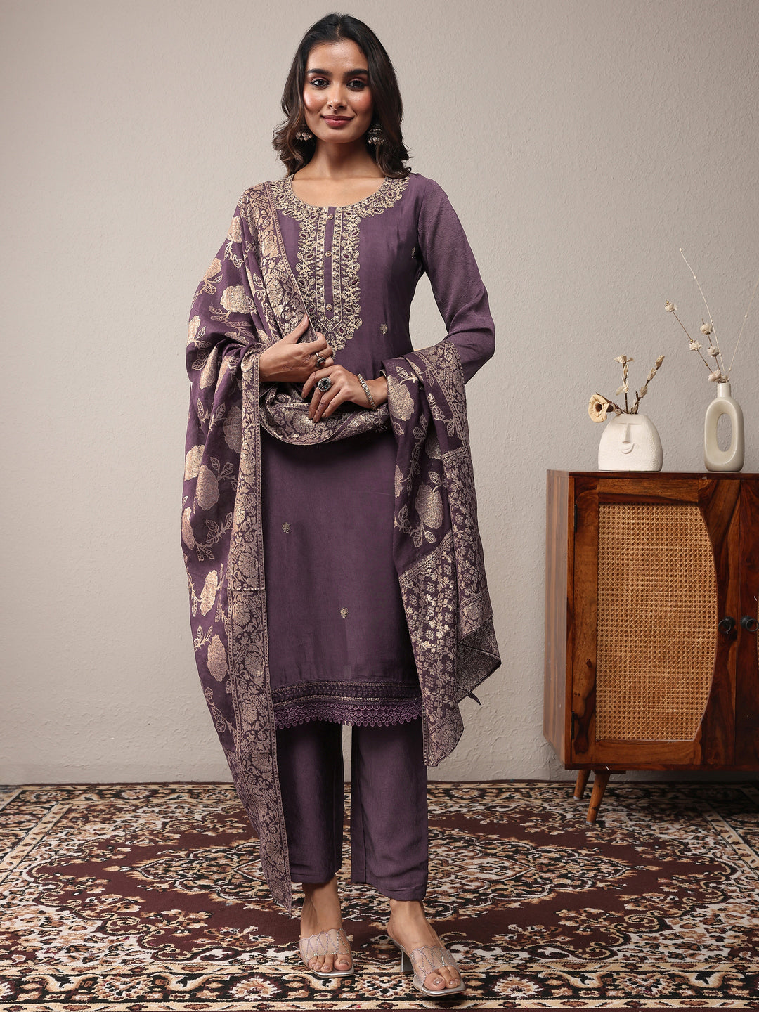  Purple Embroidered Silk Blend Straight Suit Set With Dupatta 