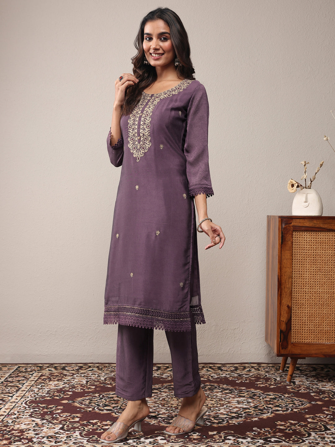  Purple Embroidered Silk Blend Straight Suit Set With Dupatta 