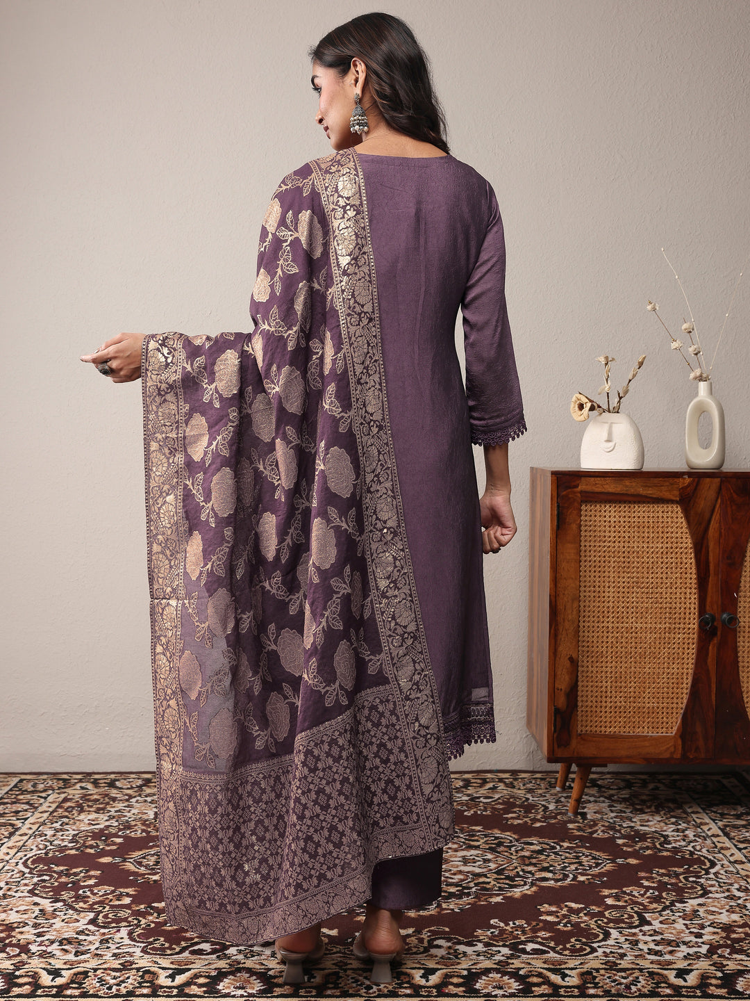  Purple Embroidered Silk Blend Straight Suit Set With Dupatta 