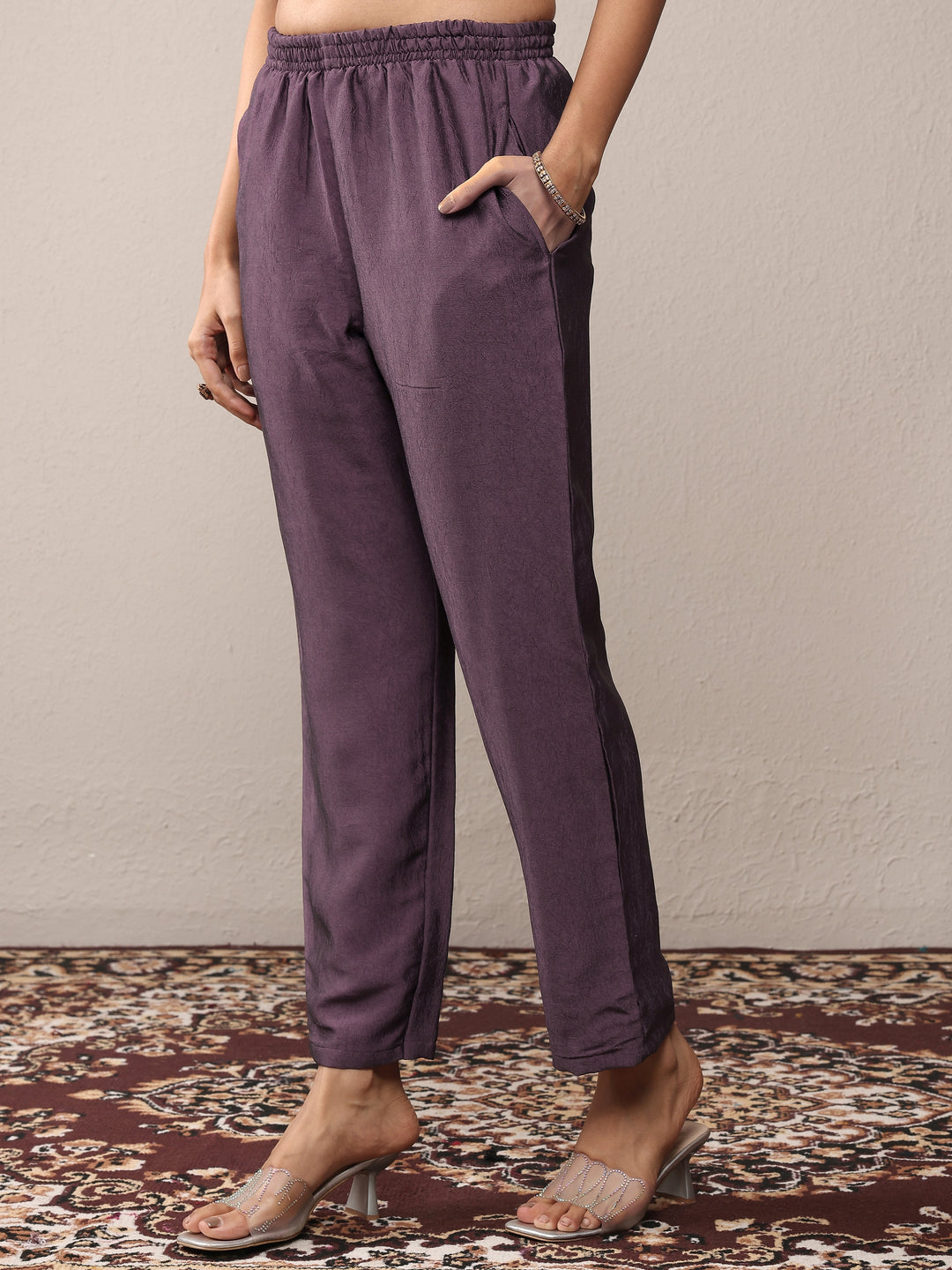  Purple Embroidered Silk Blend Straight Suit Set With Dupatta 