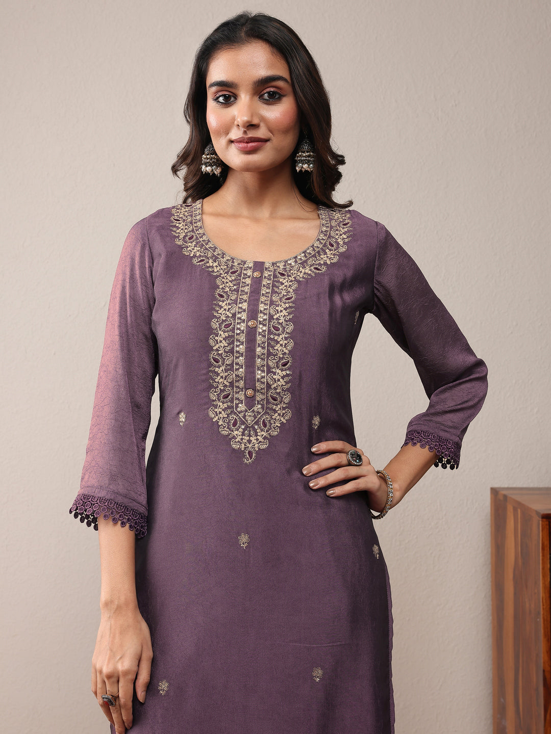  Purple Embroidered Silk Blend Straight Suit Set With Dupatta 