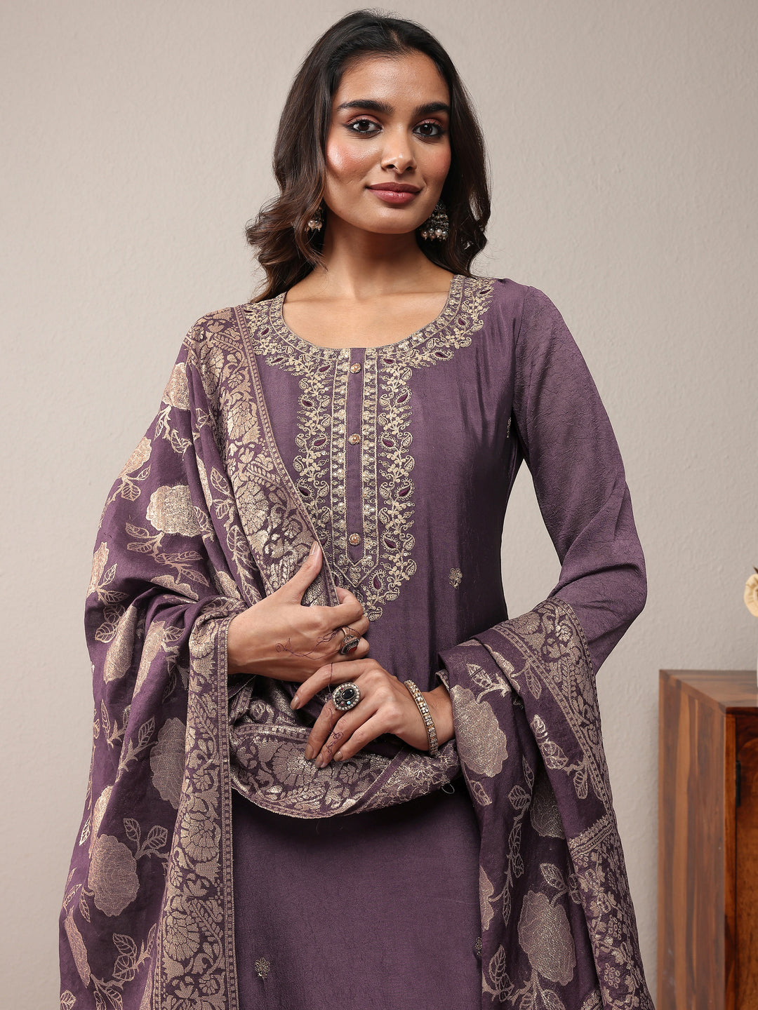  Purple Embroidered Silk Blend Straight Suit Set With Dupatta 
