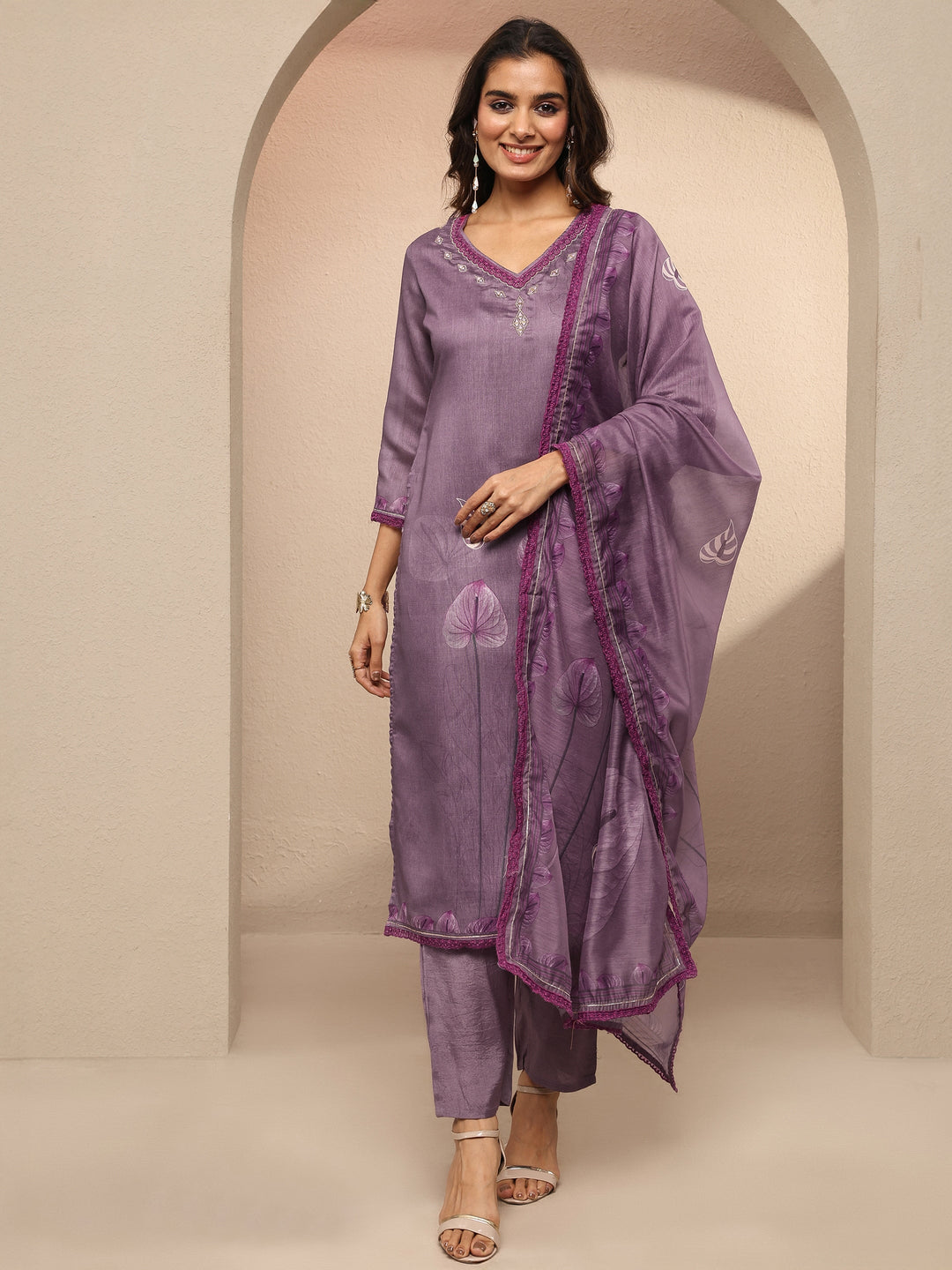  Purple Printed Silk Blend Straight Suit Set With Dupatta 