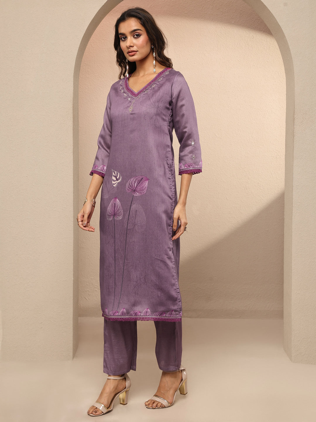  Purple Printed Silk Blend Straight Suit Set With Dupatta 
