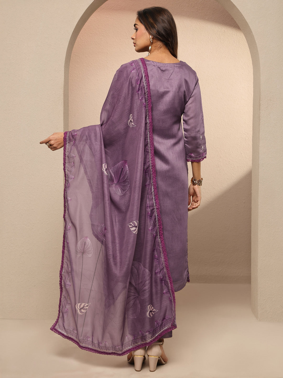  Purple Printed Silk Blend Straight Suit Set With Dupatta 