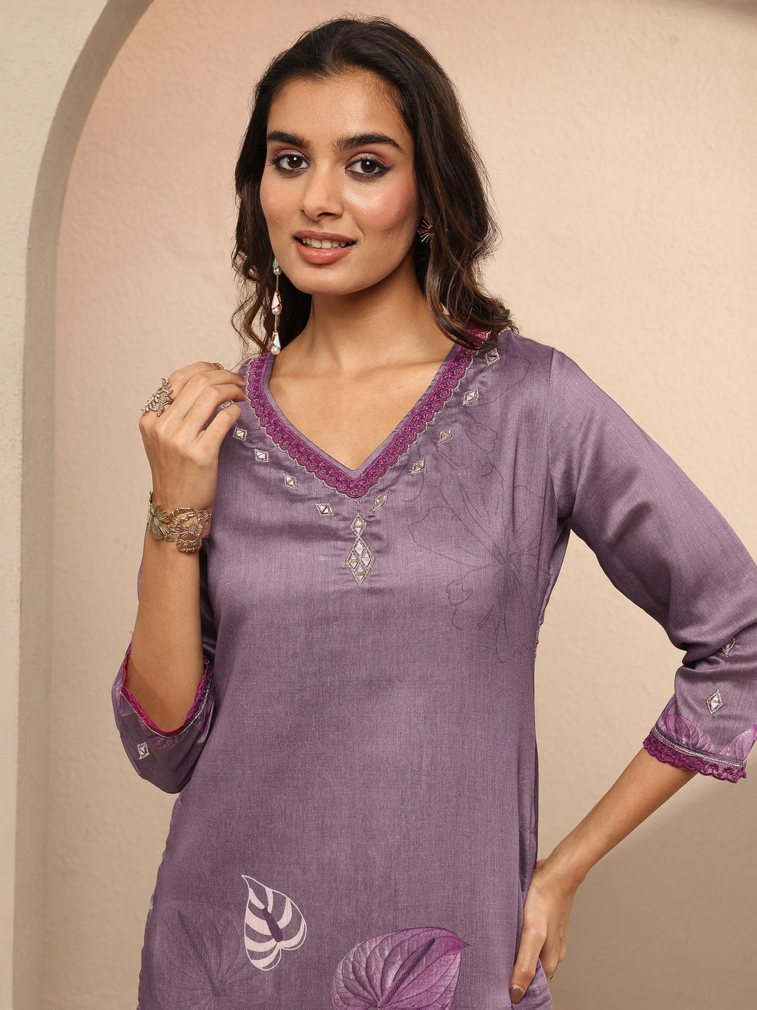  Purple Printed Silk Blend Straight Suit Set With Dupatta 