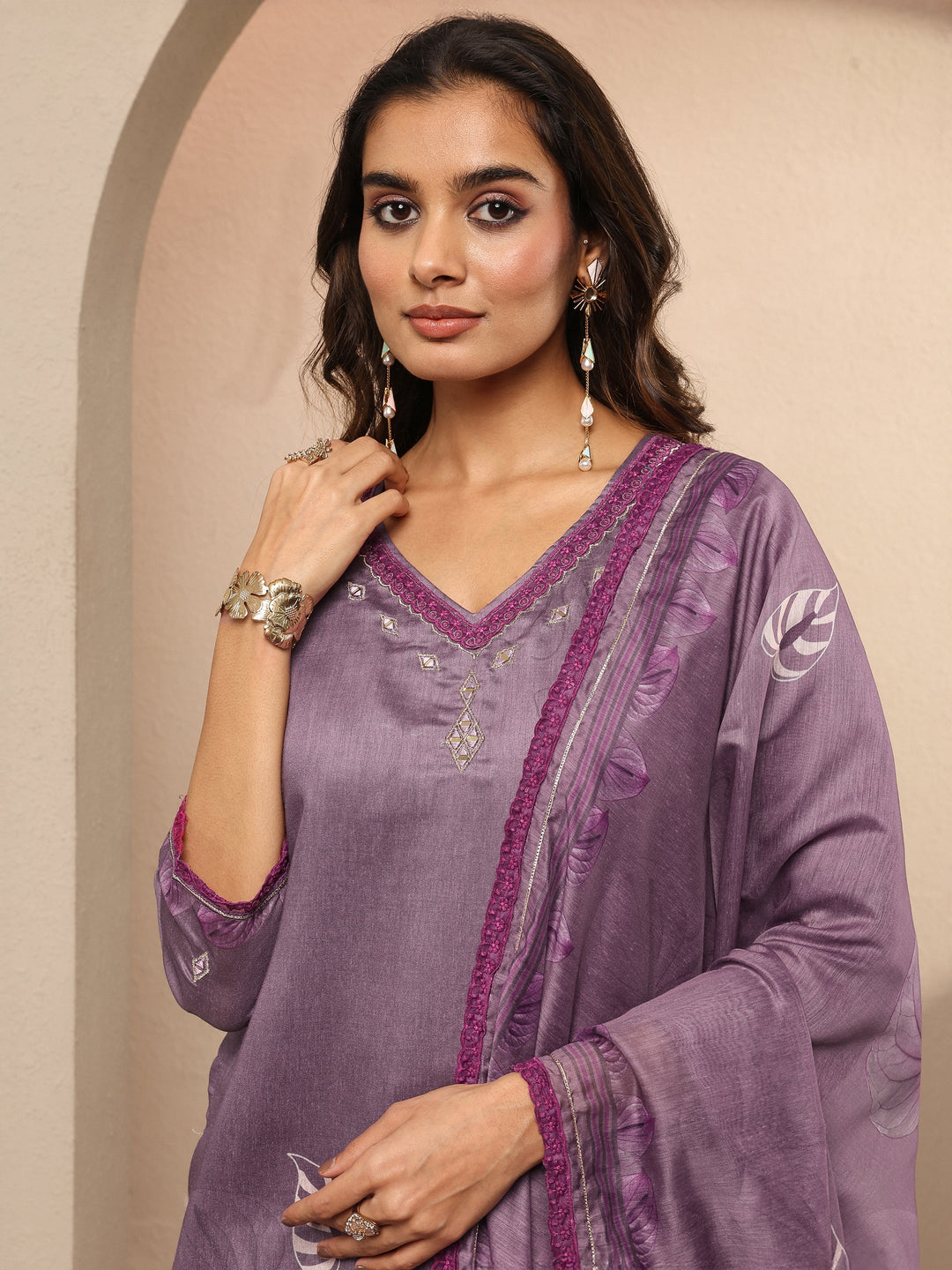  Purple Printed Silk Blend Straight Suit Set With Dupatta 