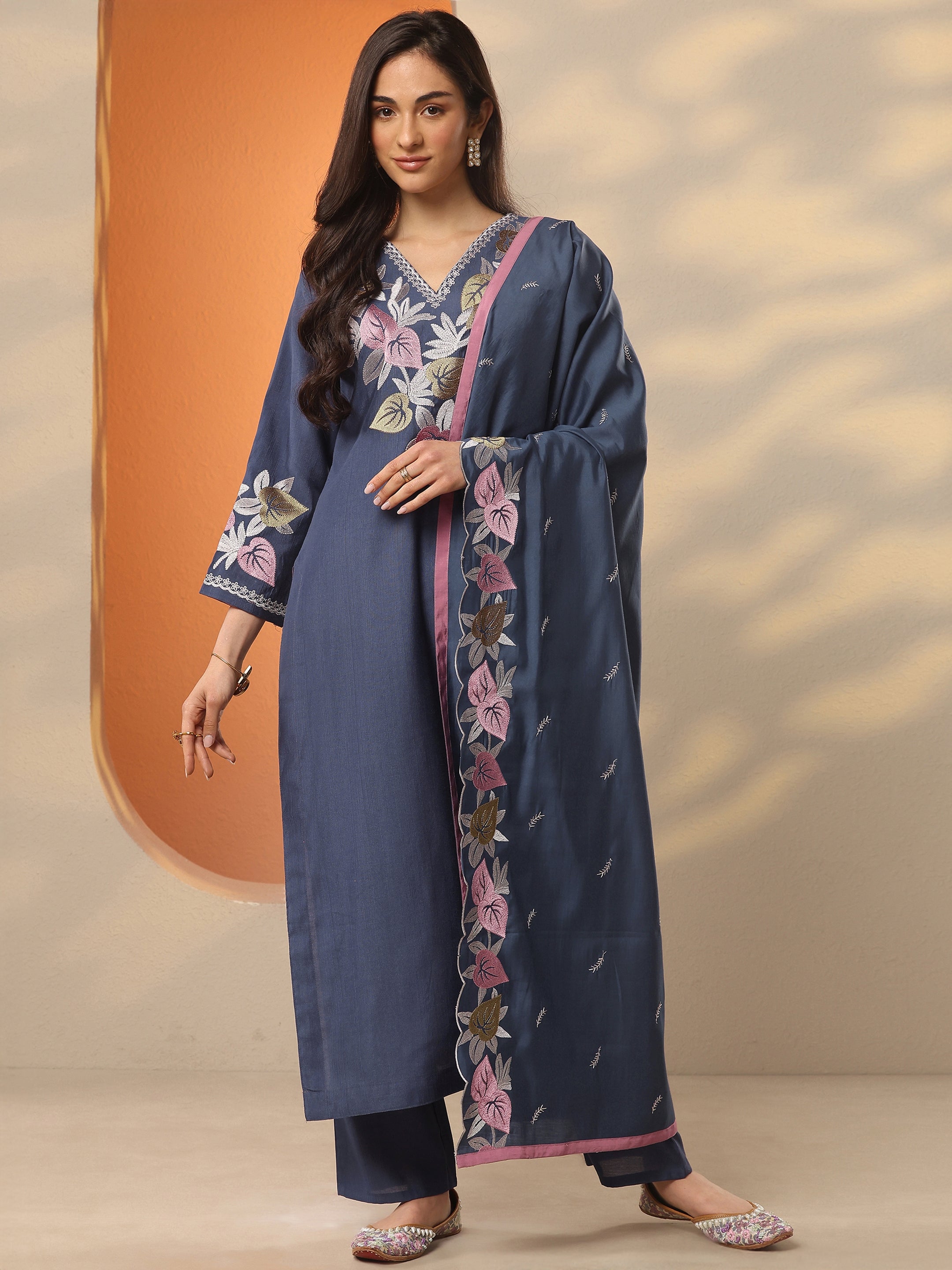 libas Blue Yoke Design Silk Blend Straight Suit Set With Dupatta-picture-29