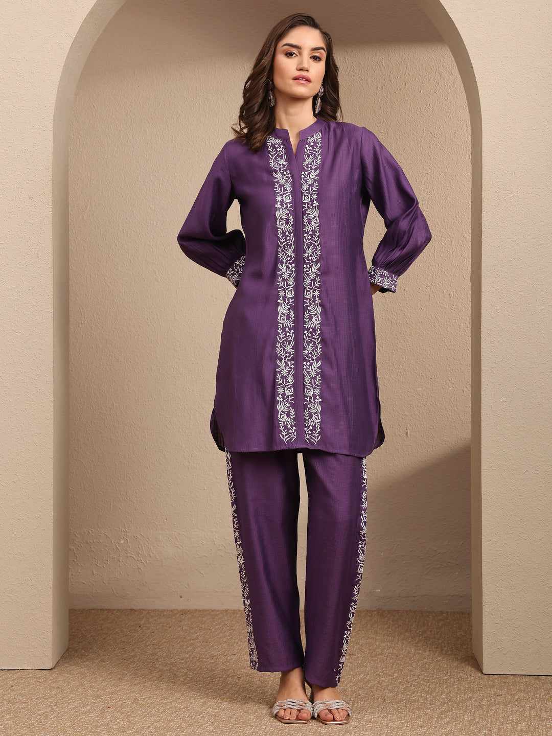  Purple Embroidered Silk Blend Co-Ord Set 