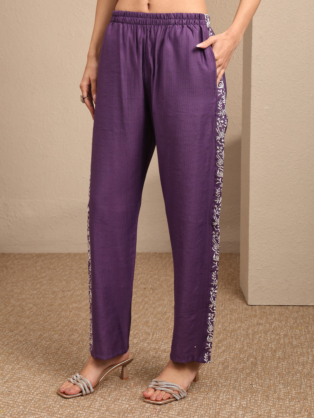  Purple Embroidered Silk Blend Co-Ord Set 