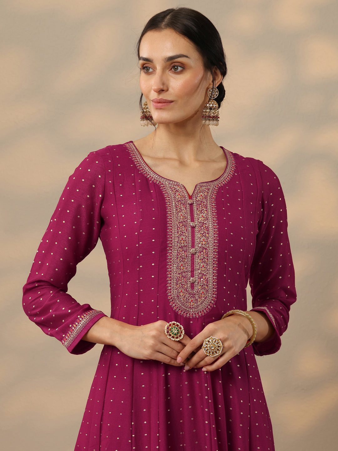  Magenta Embellished Silk Blend A-Line Gown With Dupatta 