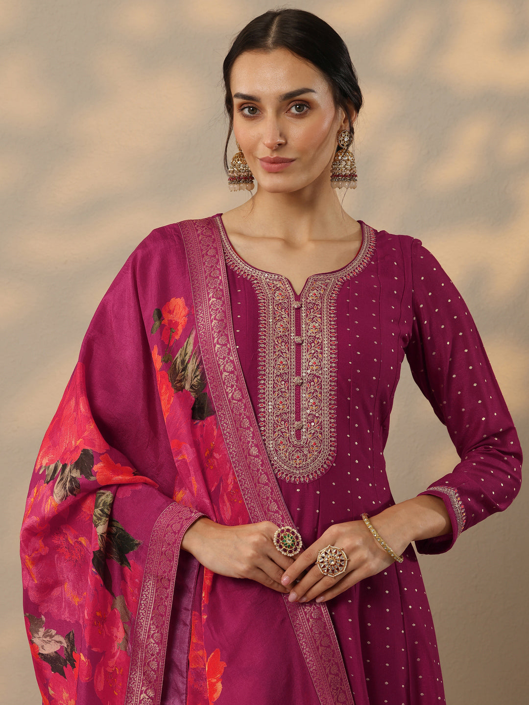  Magenta Embellished Silk Blend A-Line Gown With Dupatta 