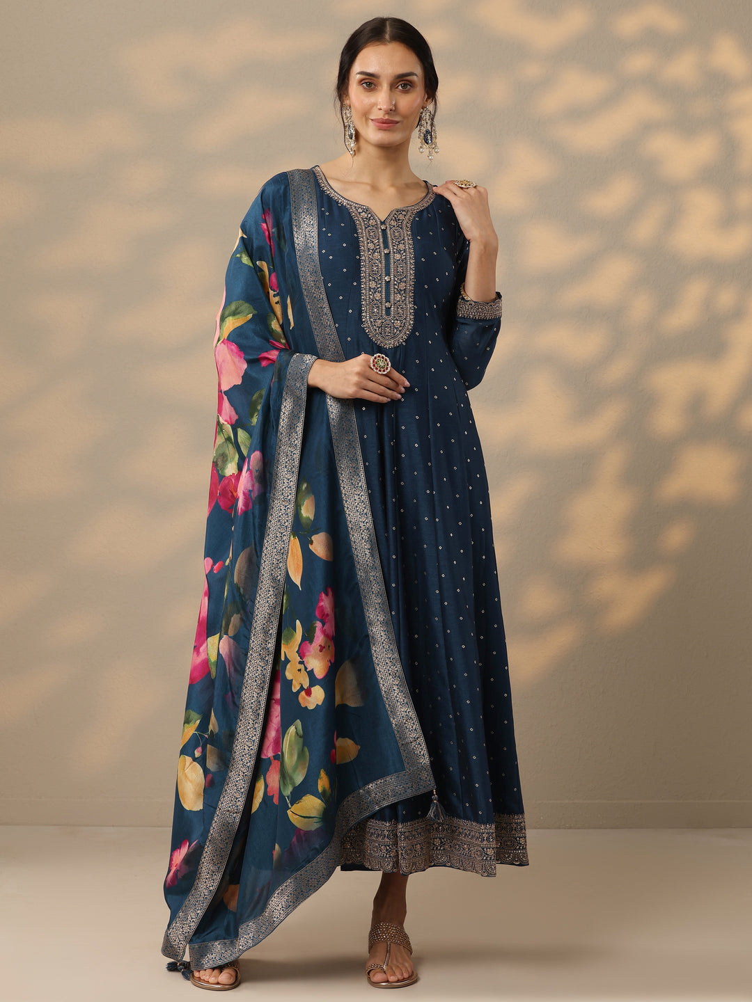  Navy Blue Embellished Silk Blend A-Line Gown With Dupatta 