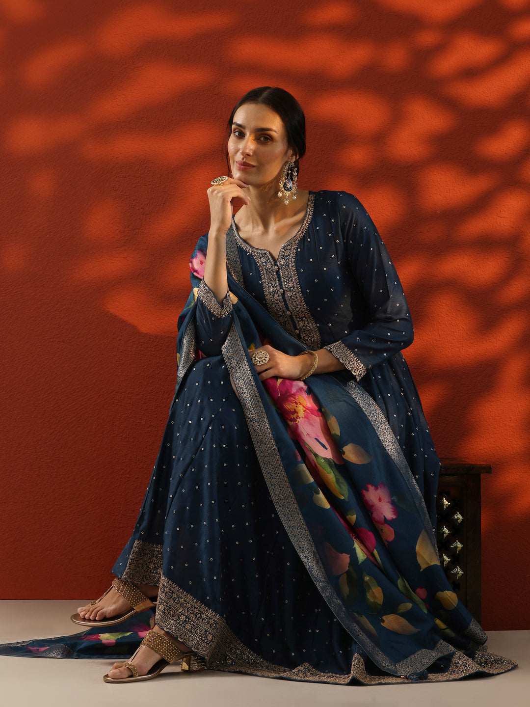  Navy Blue Embellished Silk Blend A-Line Gown With Dupatta 