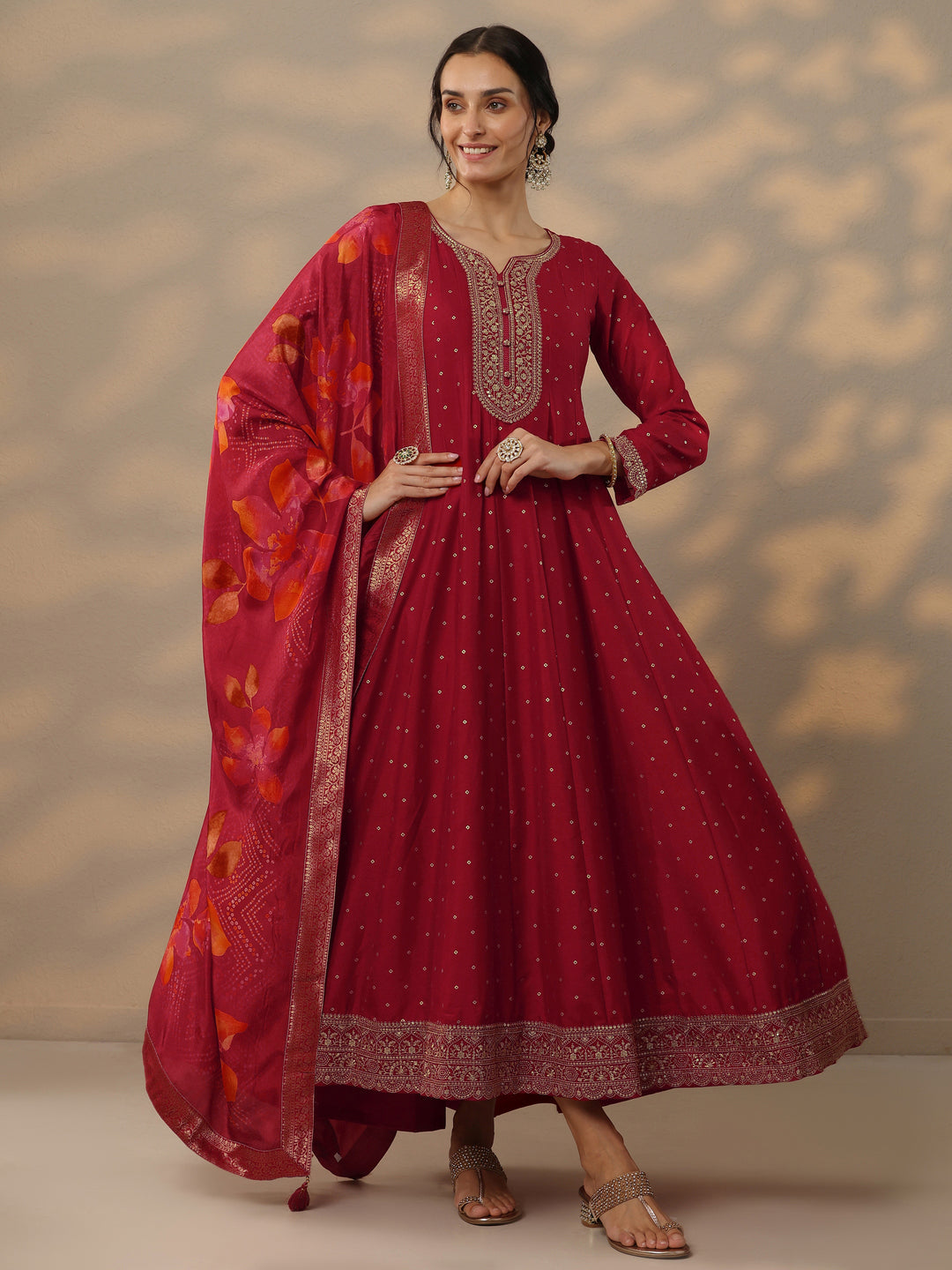  Red Embellished Silk Blend A-Line Gown With Dupatta 