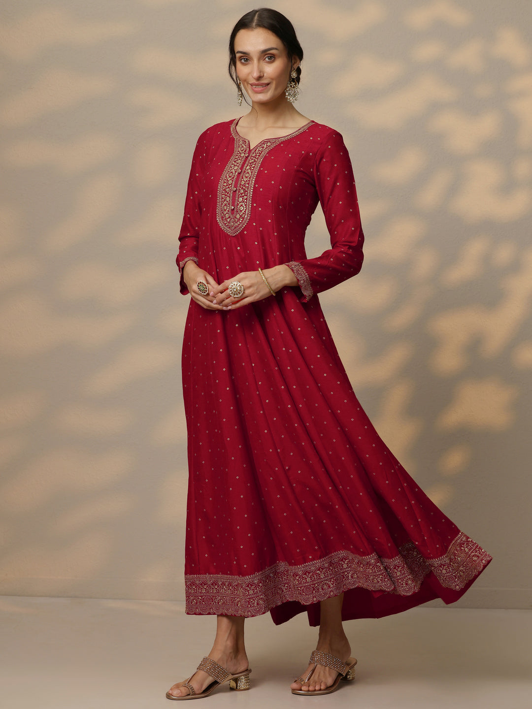  Red Embellished Silk Blend A-Line Gown With Dupatta 
