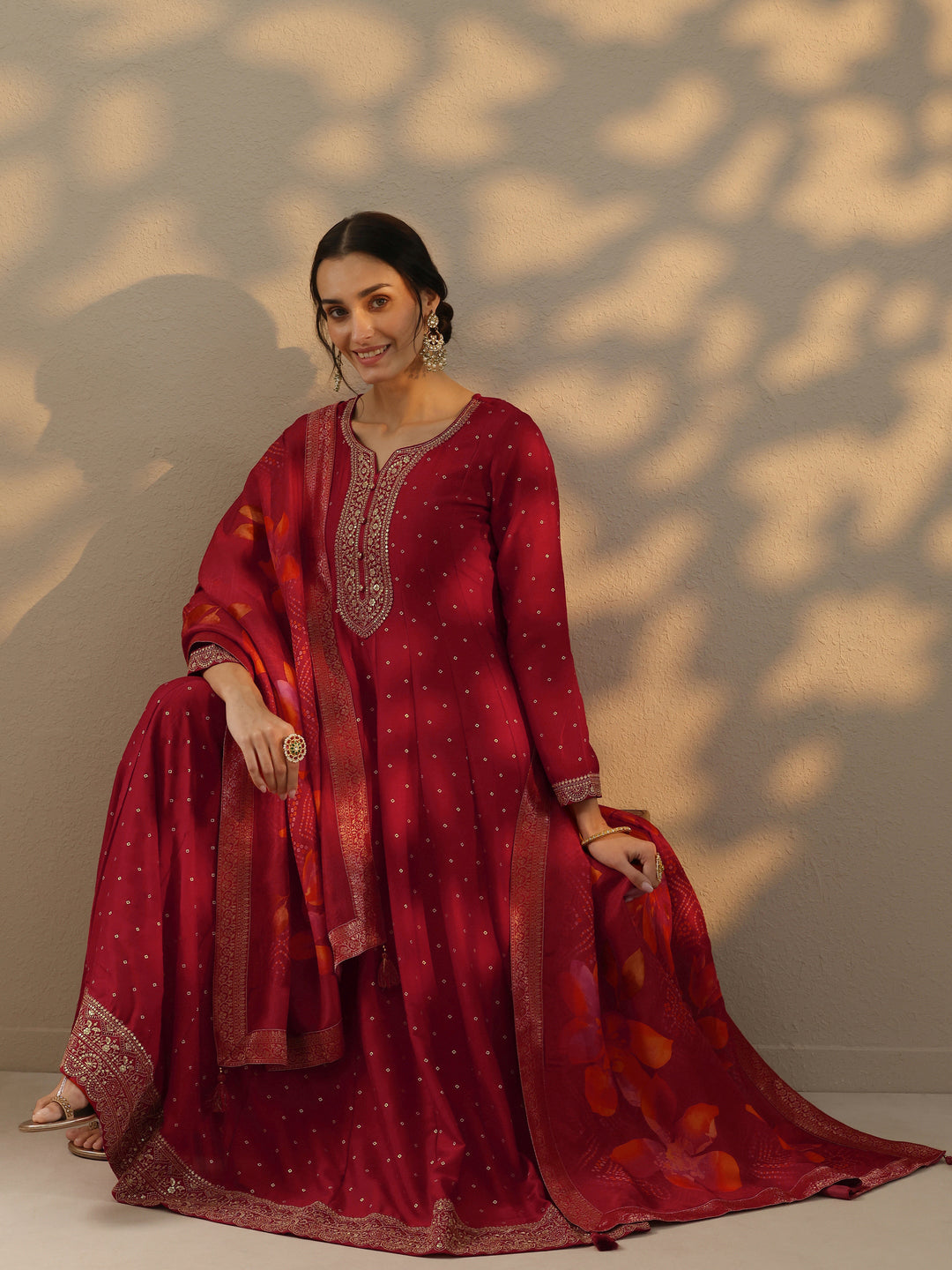 Red Embellished Silk Blend A-Line Gown With Dupatta 