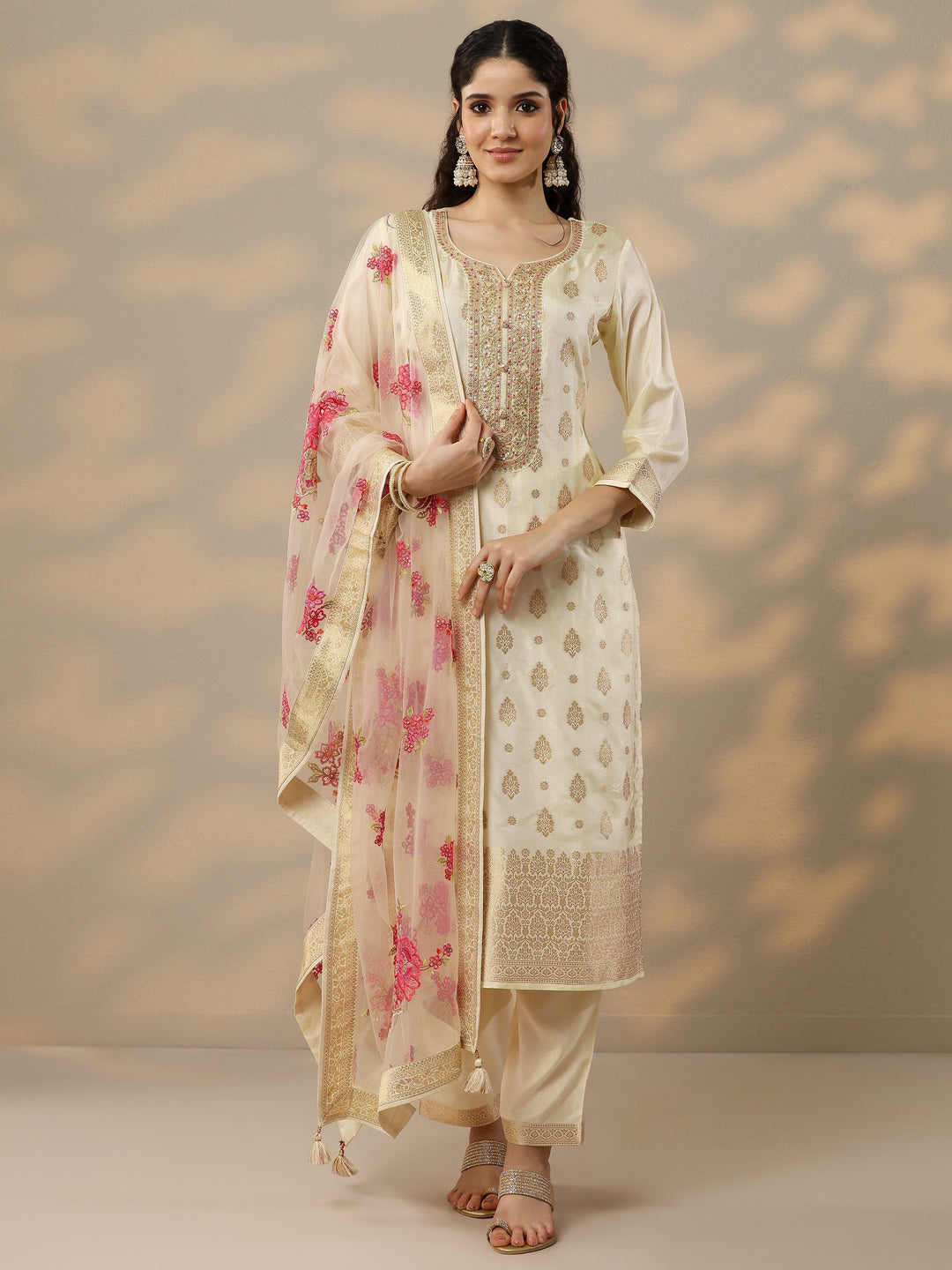  Off White Woven Design Silk Blend Straight Suit Set With Dupatta 