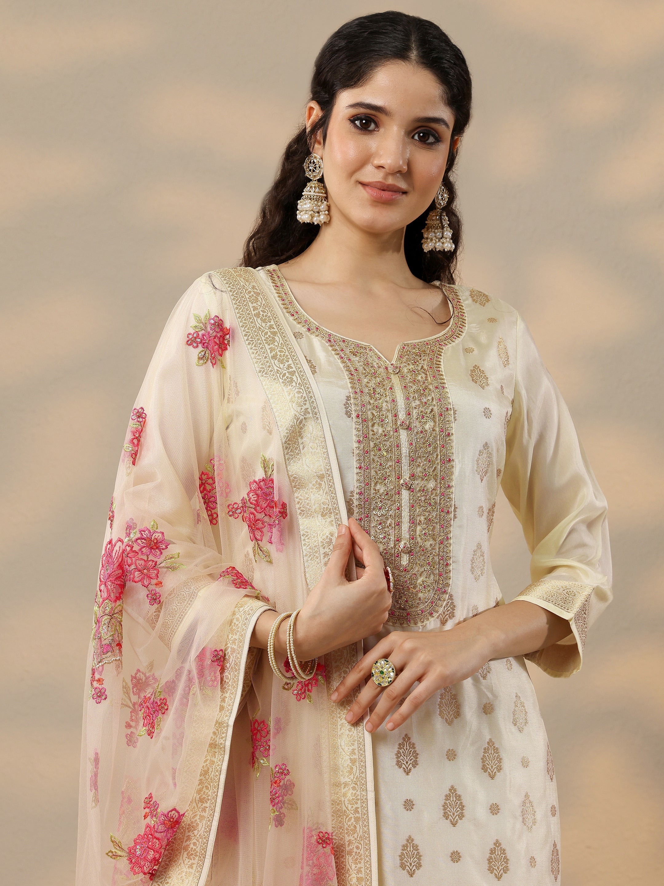 libas Off White Woven Design Silk Blend Straight Suit Set With Dupatta-picture-65