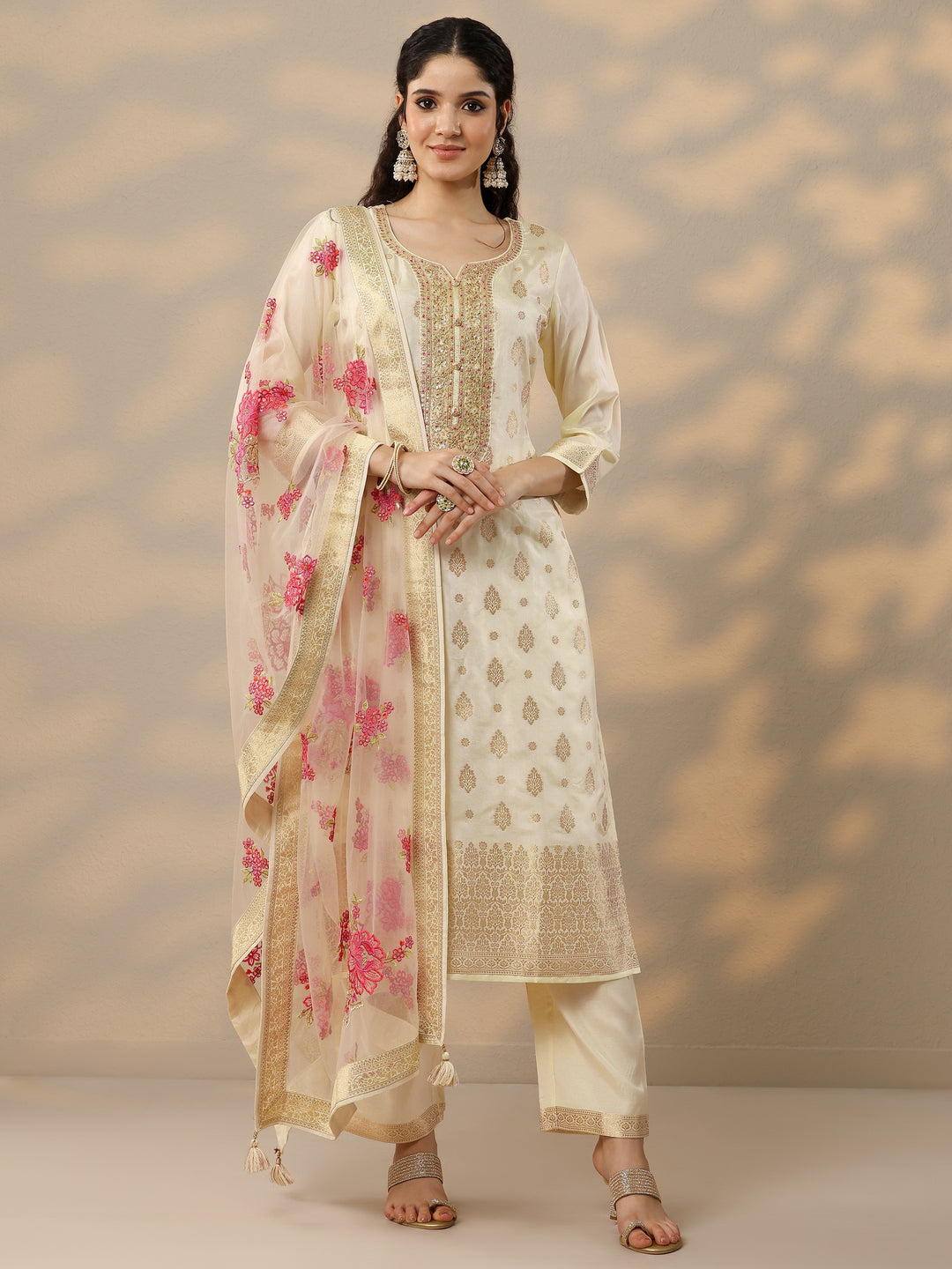  Off White Woven Design Silk Blend Straight Suit Set With Dupatta 