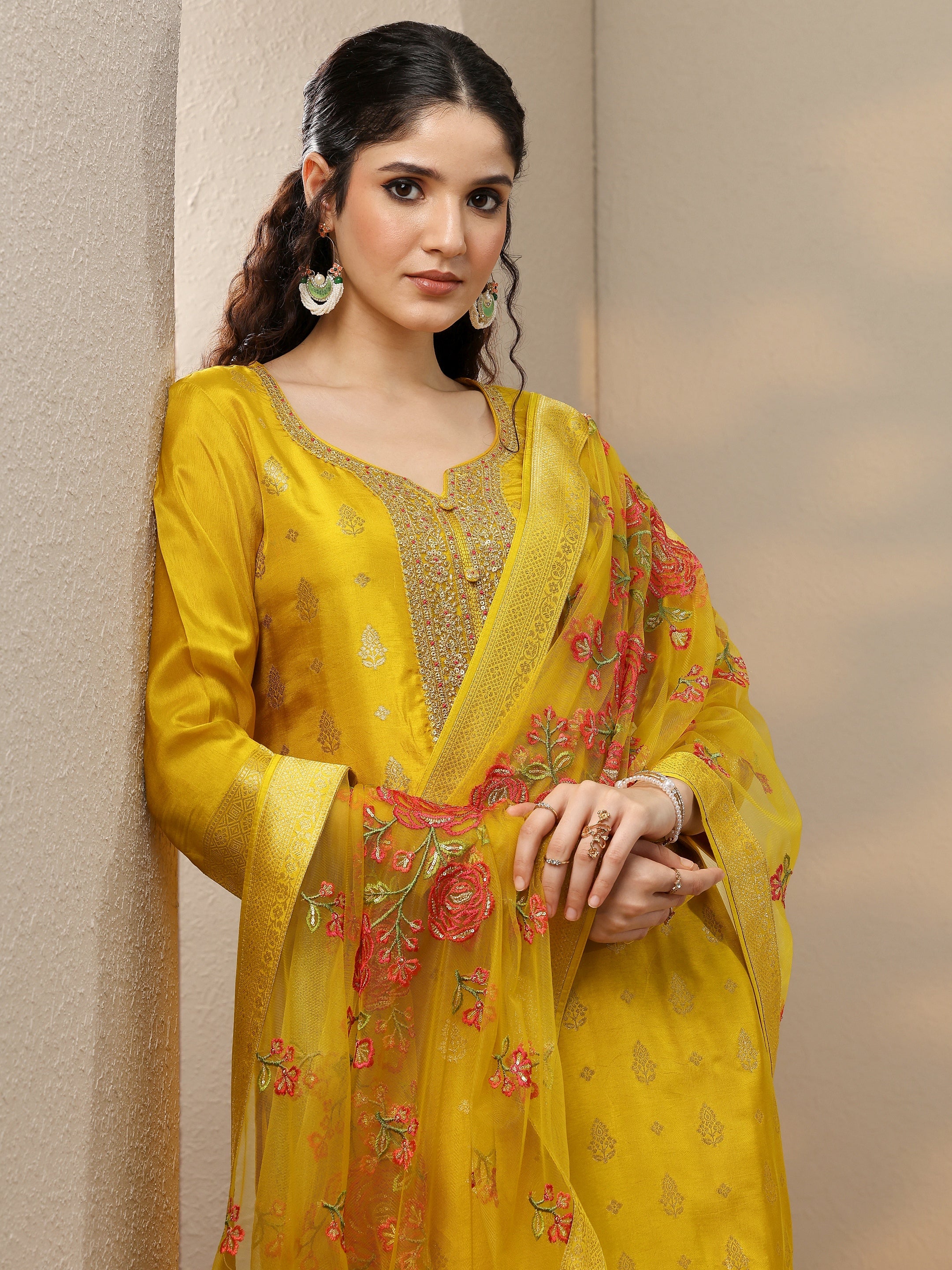 Mustard Woven Design Silk Blend Straight Suit Set With Dupatta-image-32