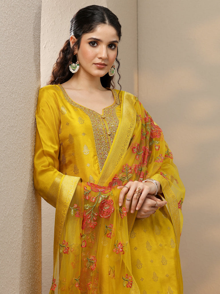 Libas Mustard Woven Design Silk Blend Straight Suit Set With Dupatta