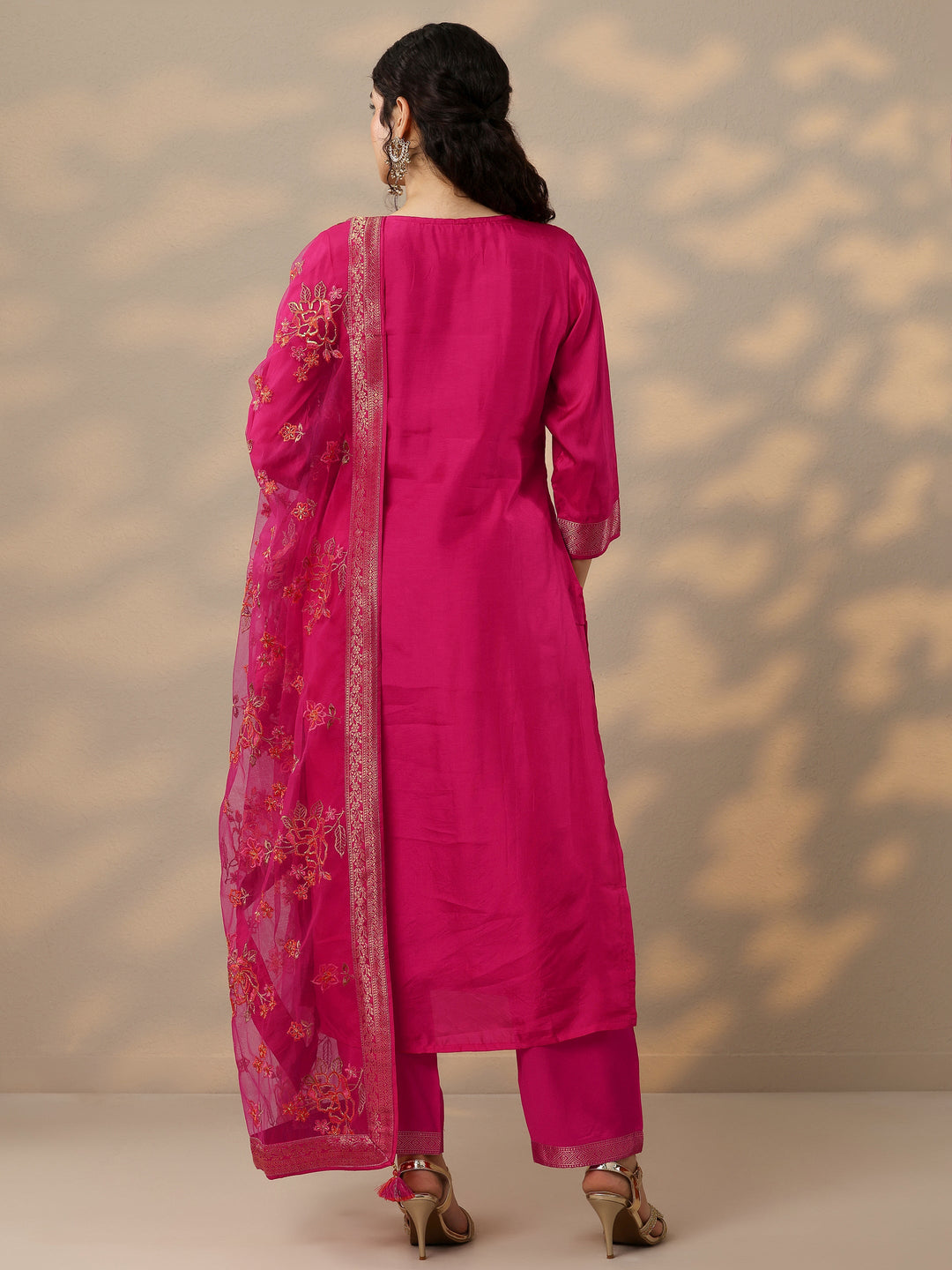  Magenta Woven Design Silk Blend Straight Suit Set With Dupatta 