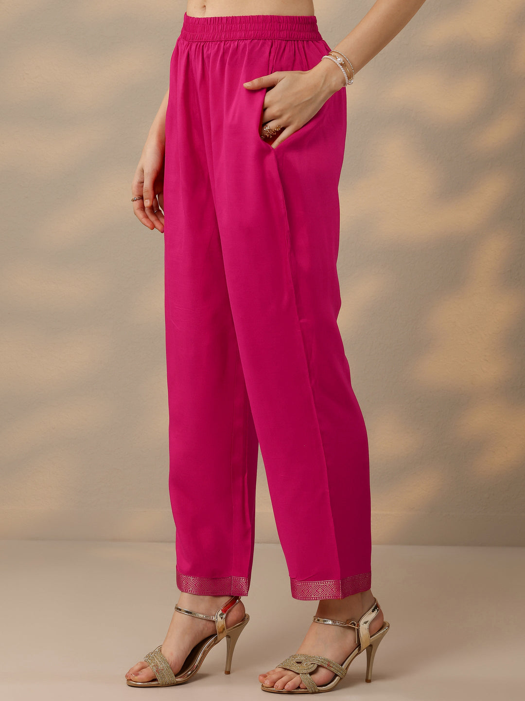  Magenta Woven Design Silk Blend Straight Suit Set With Dupatta 