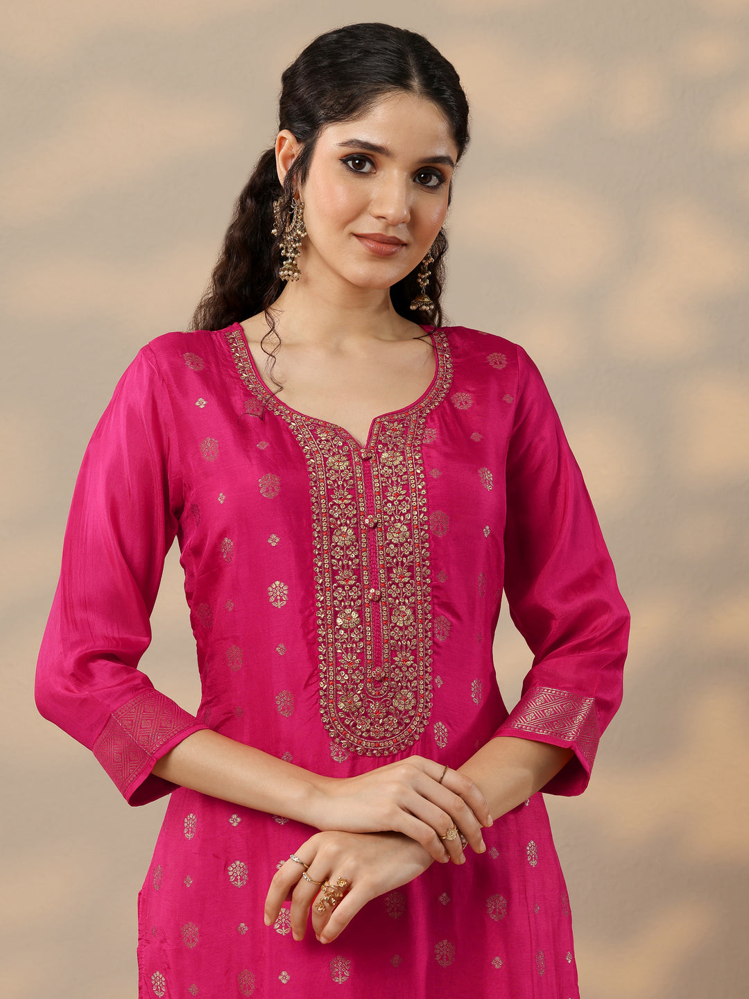  Magenta Woven Design Silk Blend Straight Suit Set With Dupatta 