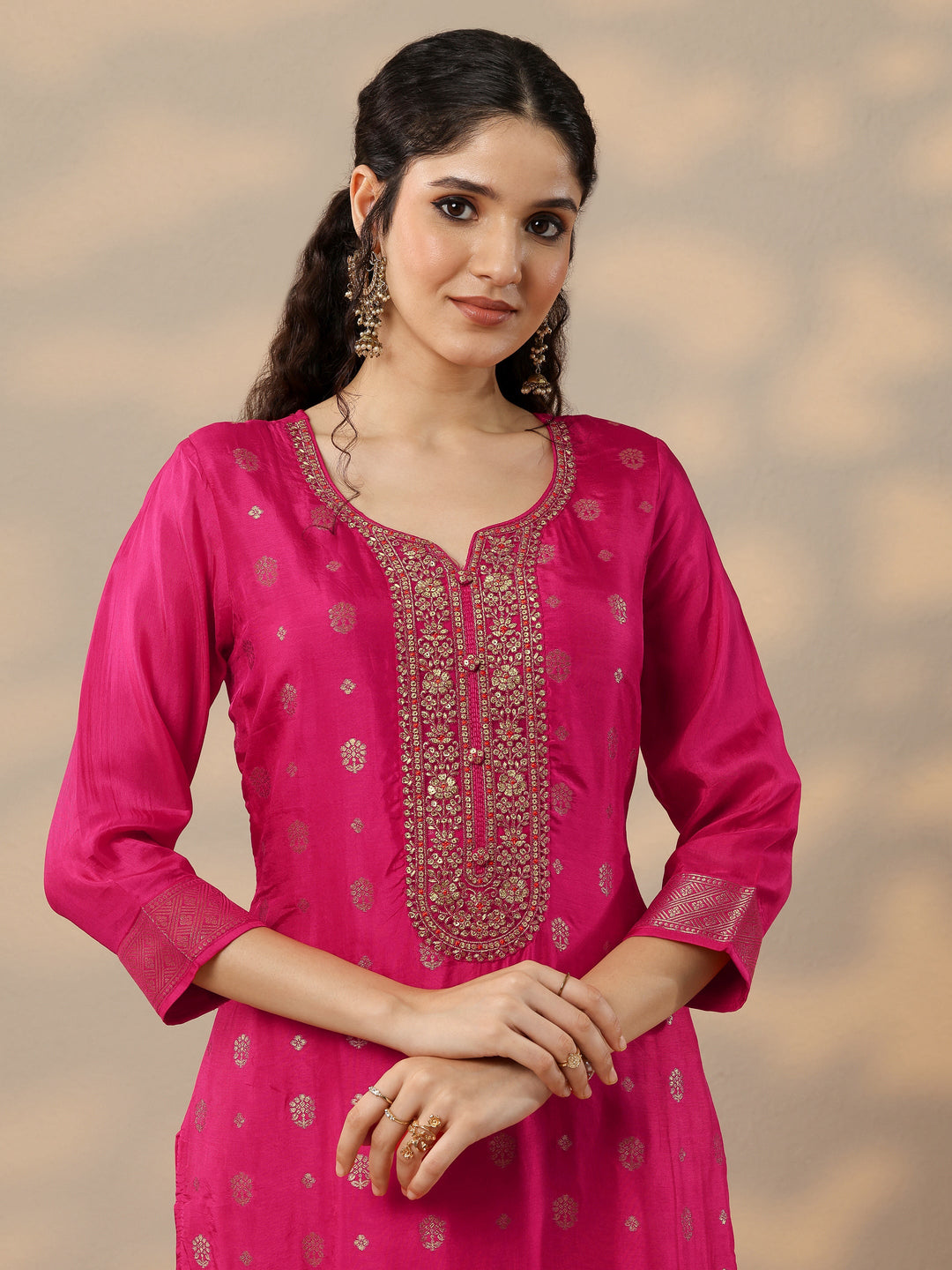  Magenta Woven Design Silk Blend Straight Suit Set With Dupatta 