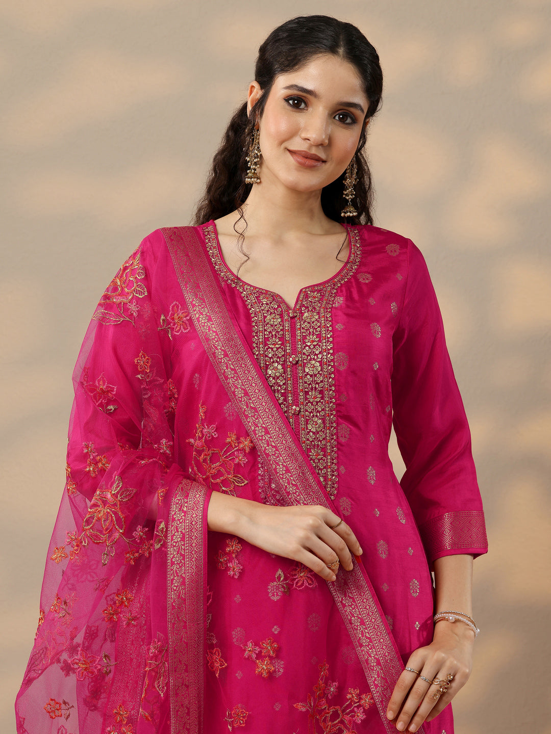  Magenta Woven Design Silk Blend Straight Suit Set With Dupatta 
