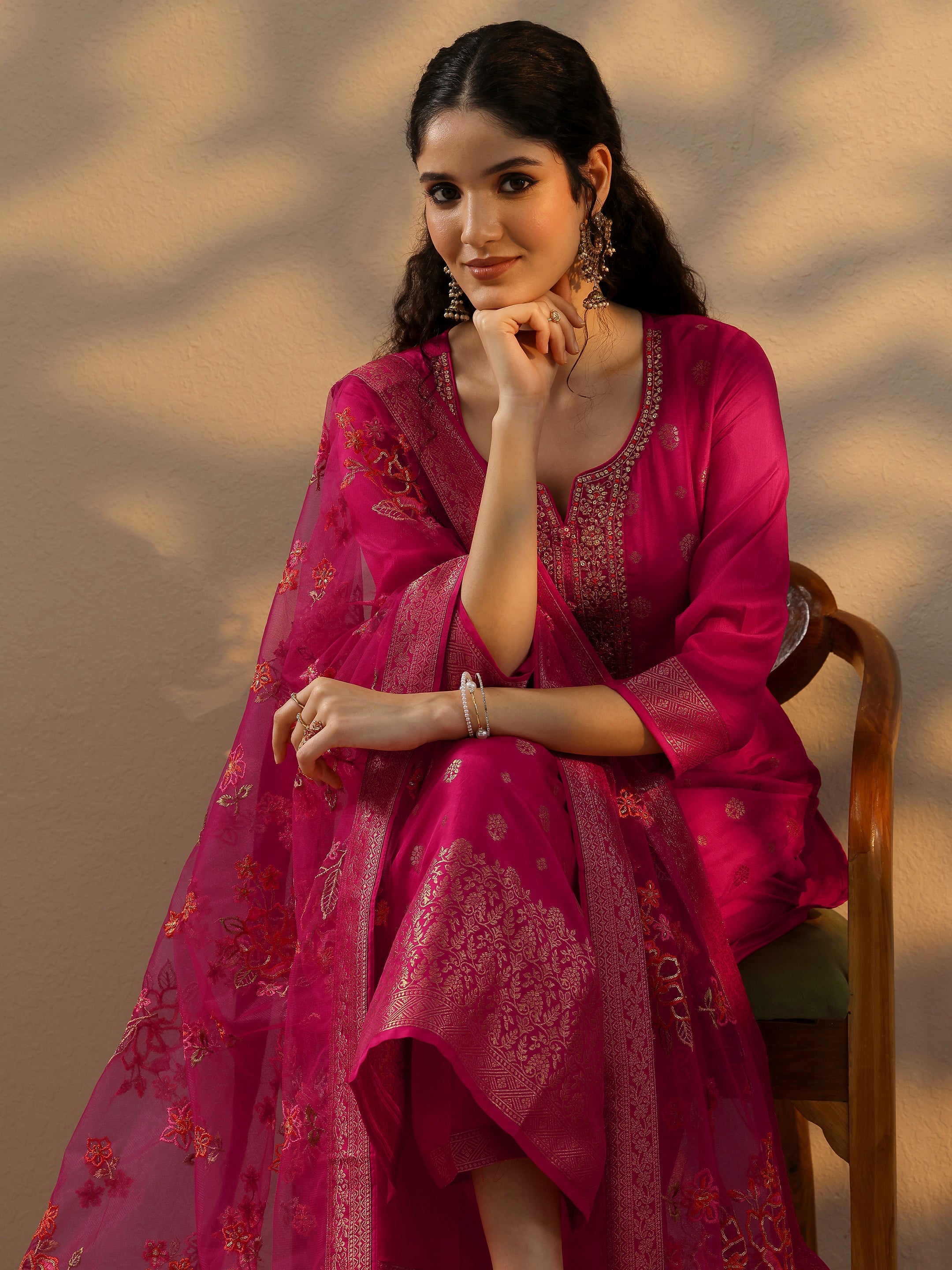 libas Magenta Woven Design Silk Blend Straight Suit Set With Dupatta-picture-26