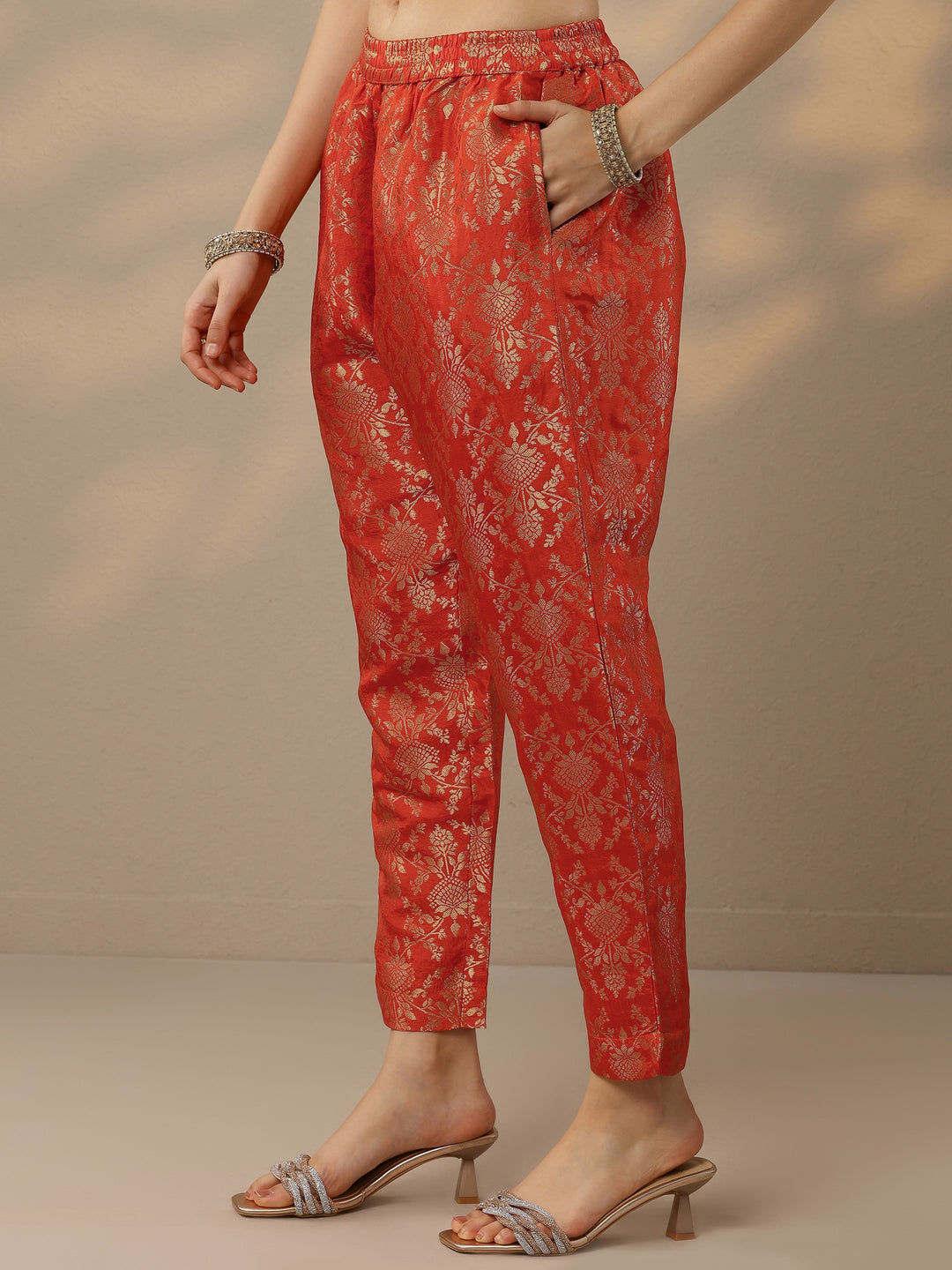  Rust Woven Design Silk Blend Straight Suit Set With Dupatta 