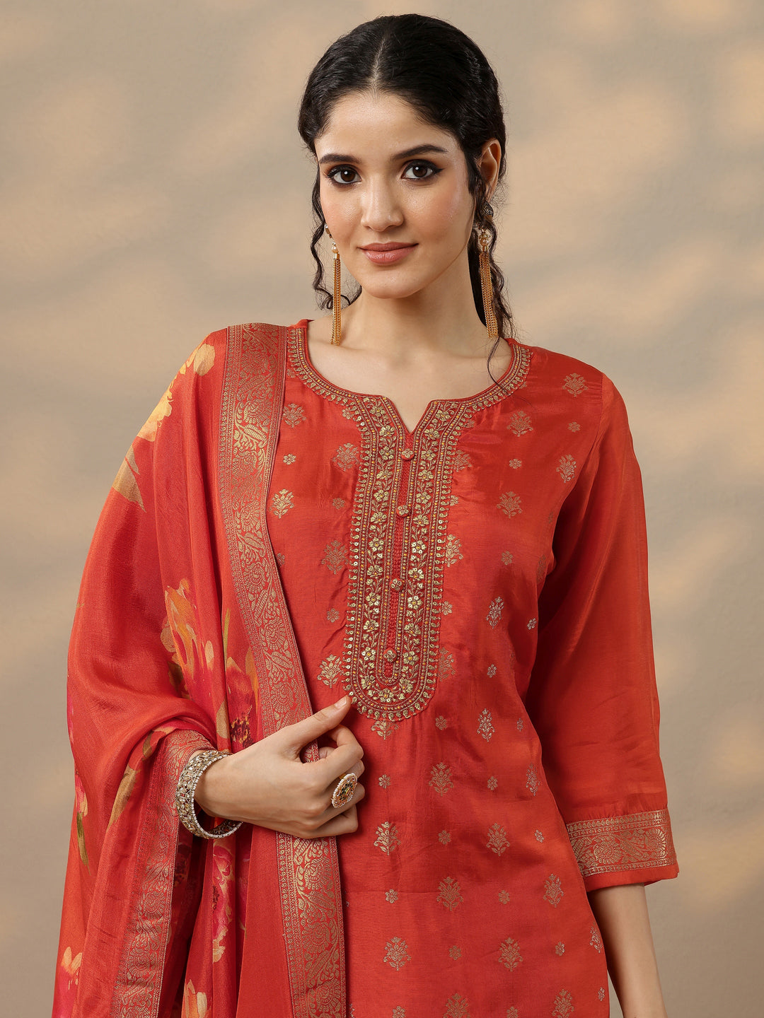  Rust Woven Design Silk Blend Straight Suit Set With Dupatta 