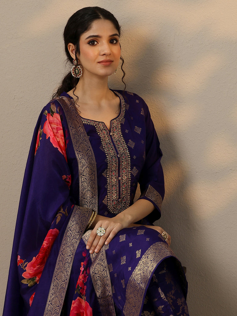 Libas Purple Woven Design Silk Blend Straight Suit Set With Dupatta