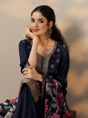 Navy Blue Woven Design Silk Blend Straight Suit Set With Dupatta