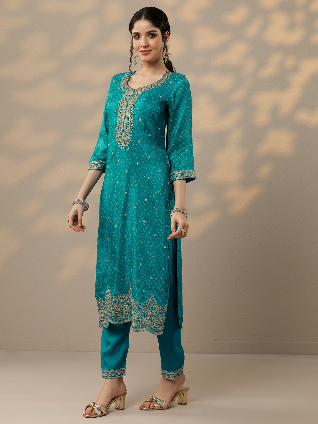  Blue Printed Silk Blend Straight Suit Set With Dupatta 