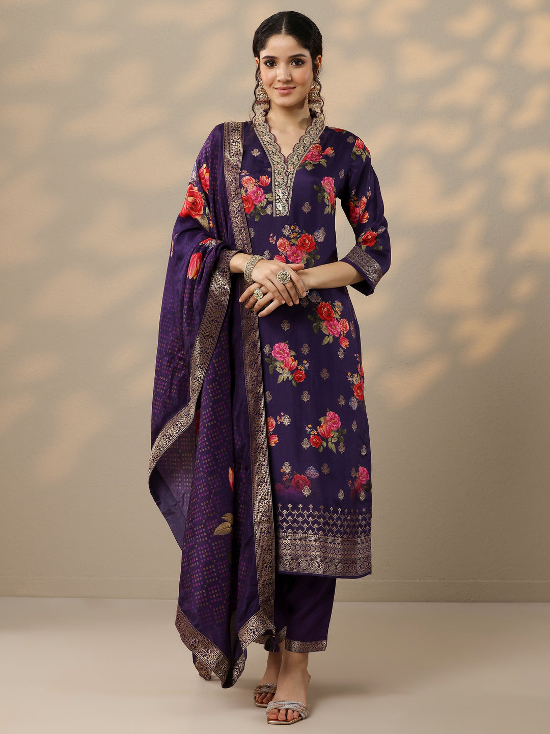 Purple Printed Silk Blend Straight Suit Set With Dupatta 