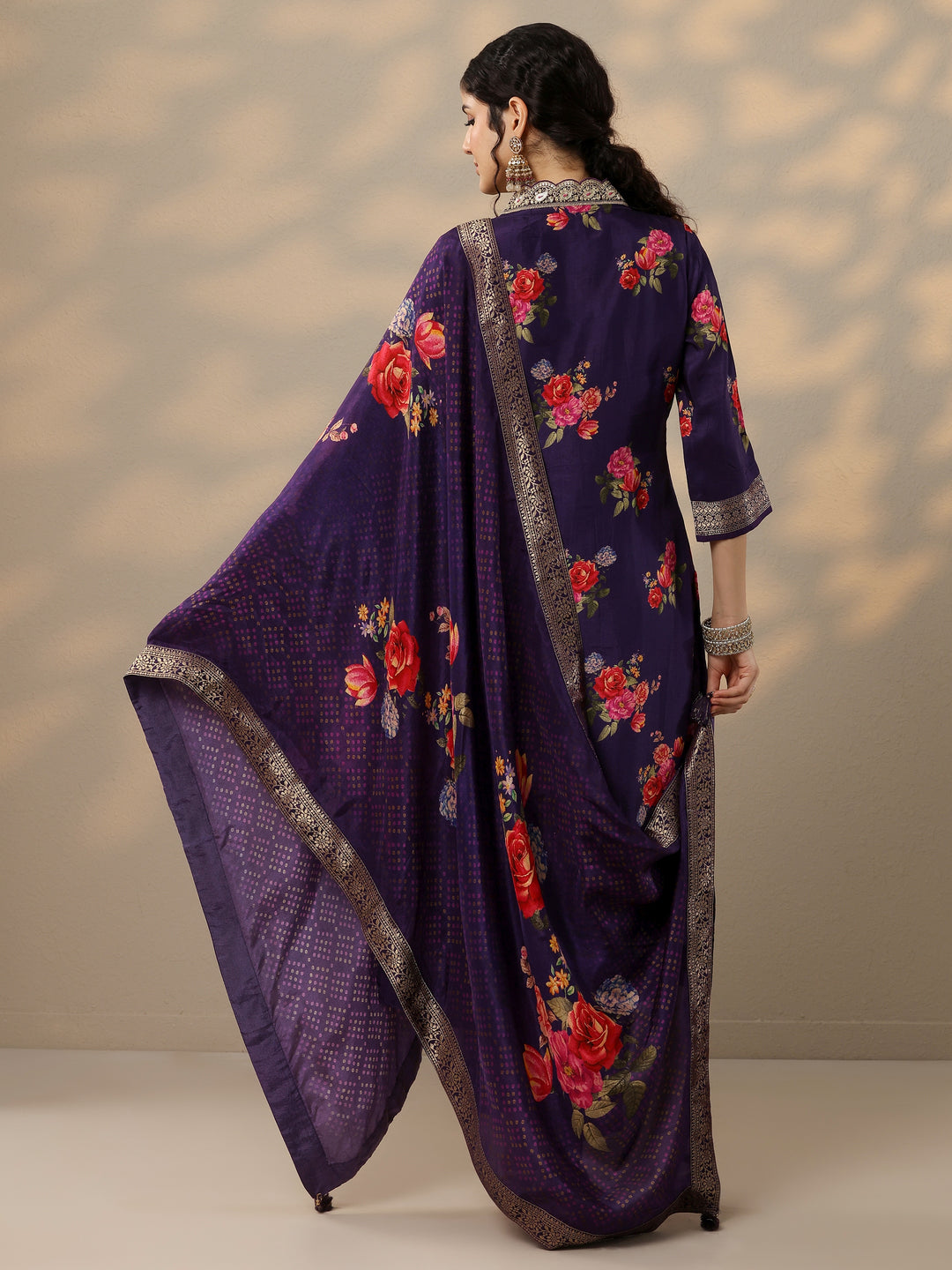  Purple Printed Silk Blend Straight Suit Set With Dupatta 