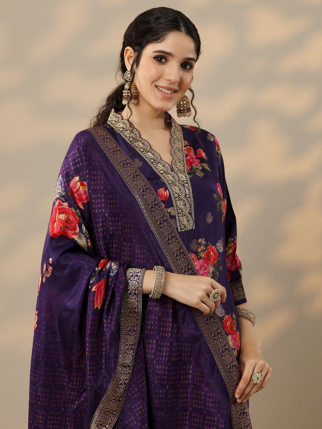  Purple Printed Silk Blend Straight Suit Set With Dupatta 