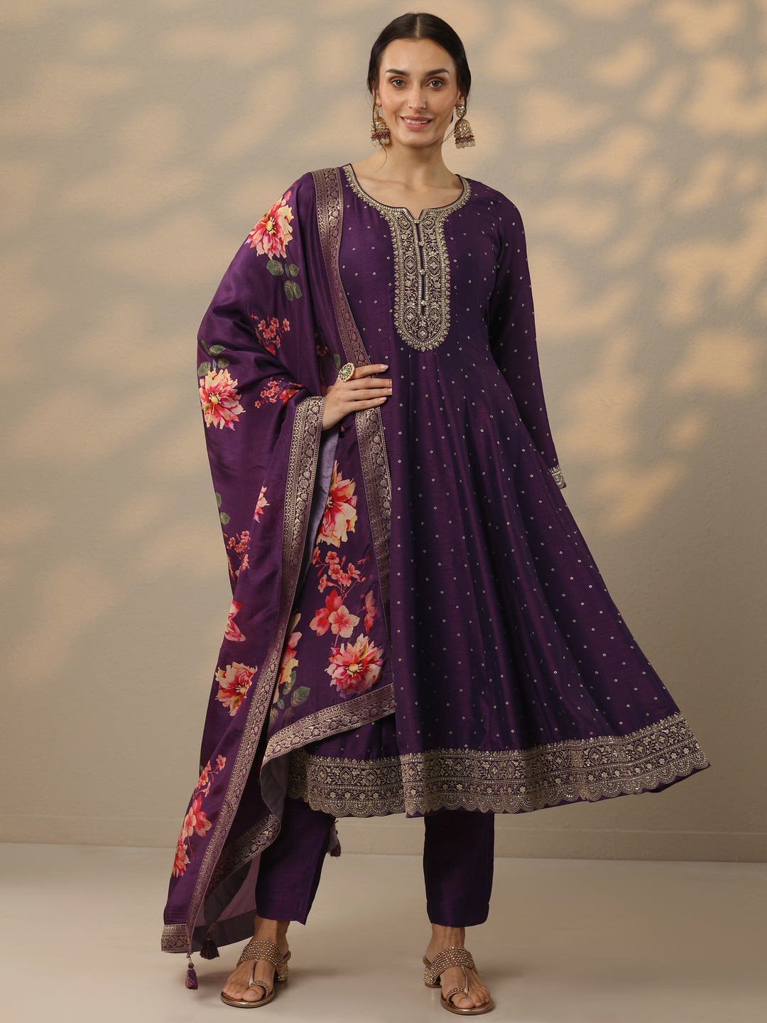  Purple Embroidered Silk Blend Anarkali Suit Set With Dupatta 