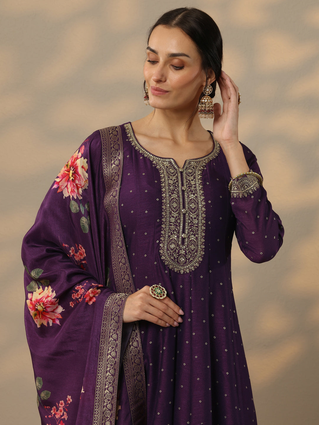  Purple Embroidered Silk Blend Anarkali Suit Set With Dupatta 