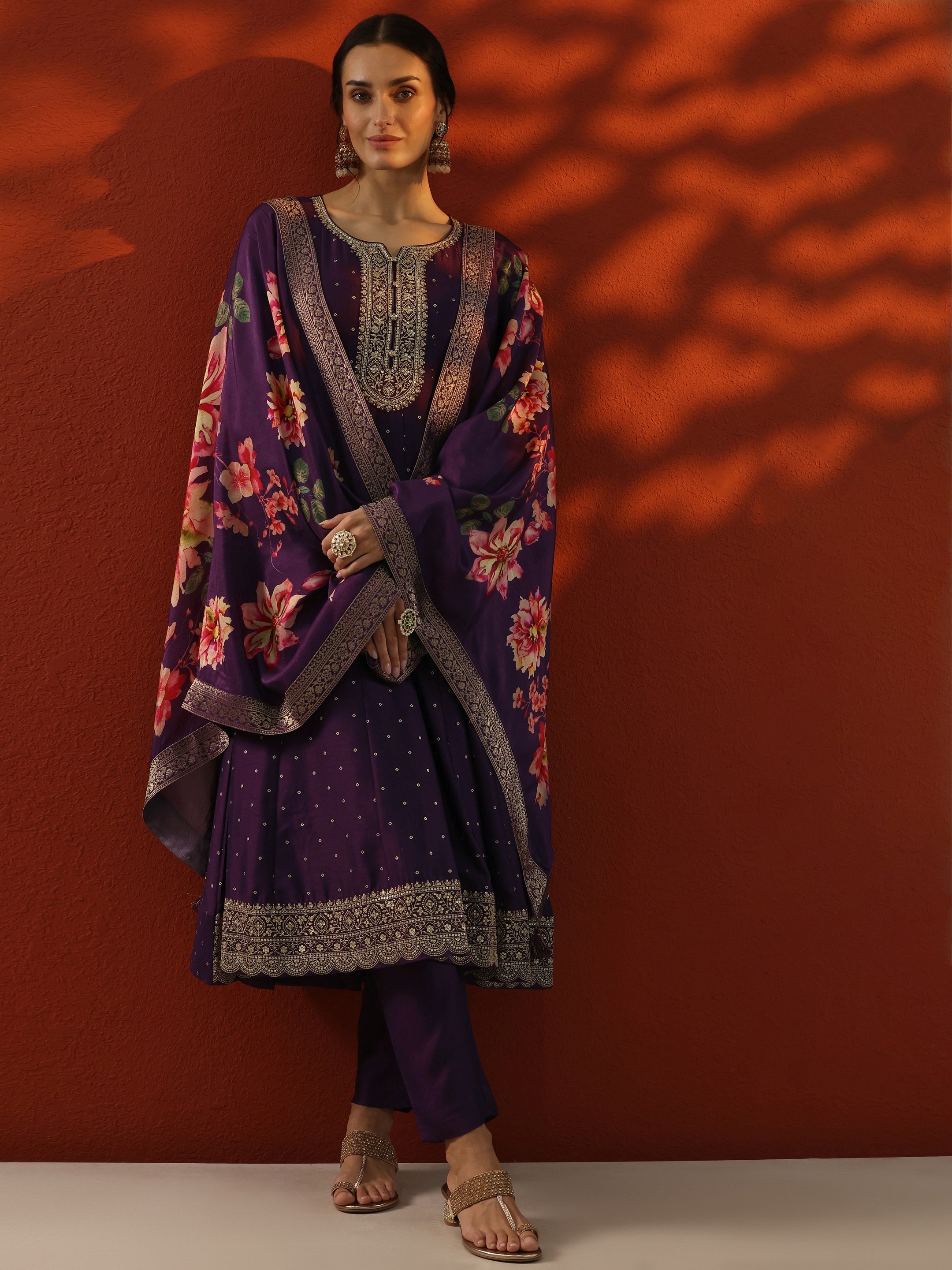Purple Embroidered Silk Blend Anarkali Suit Set With Dupatta-image-27
