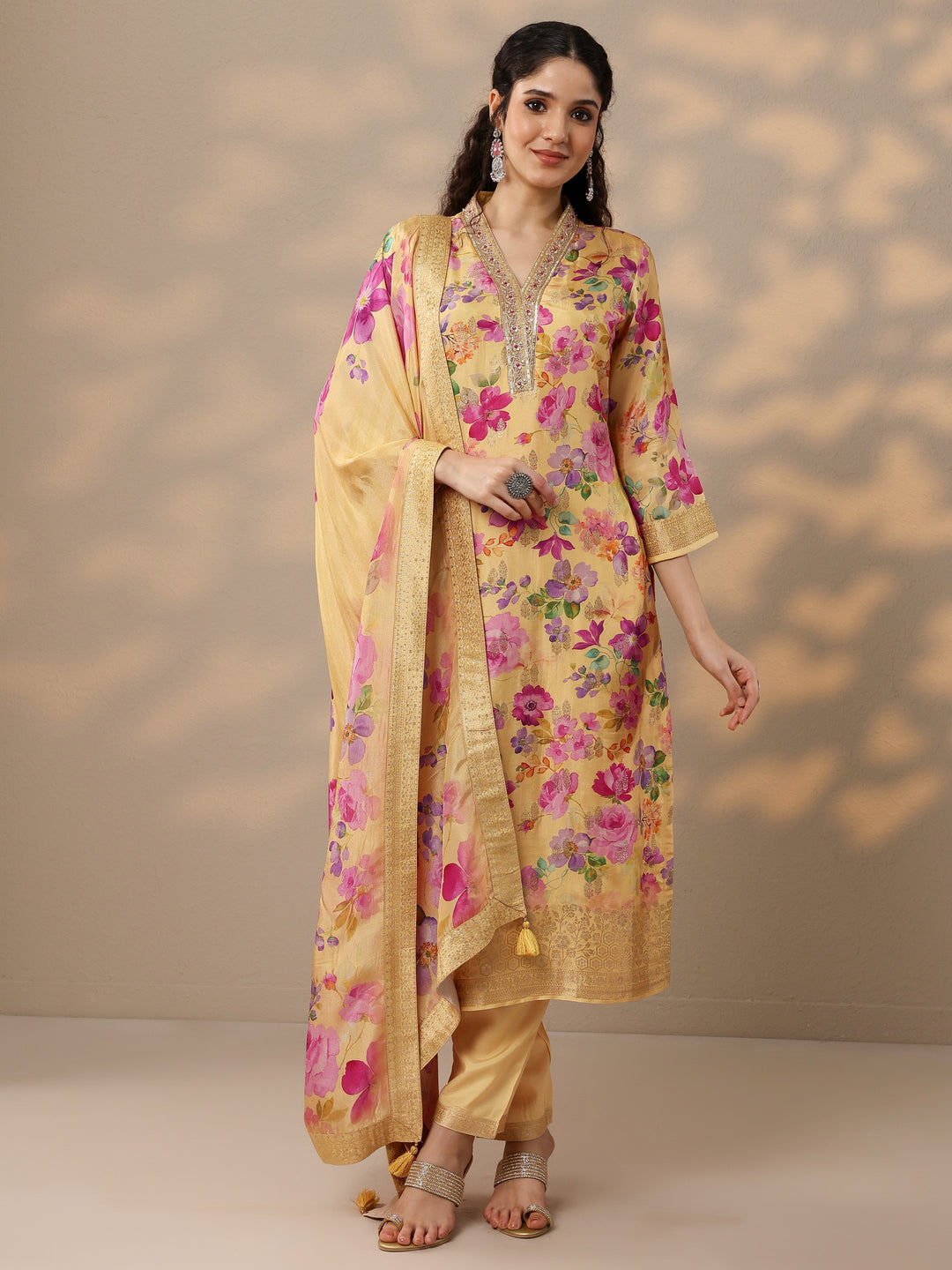  Yellow Printed Silk Blend Straight Suit Set With Dupatta 