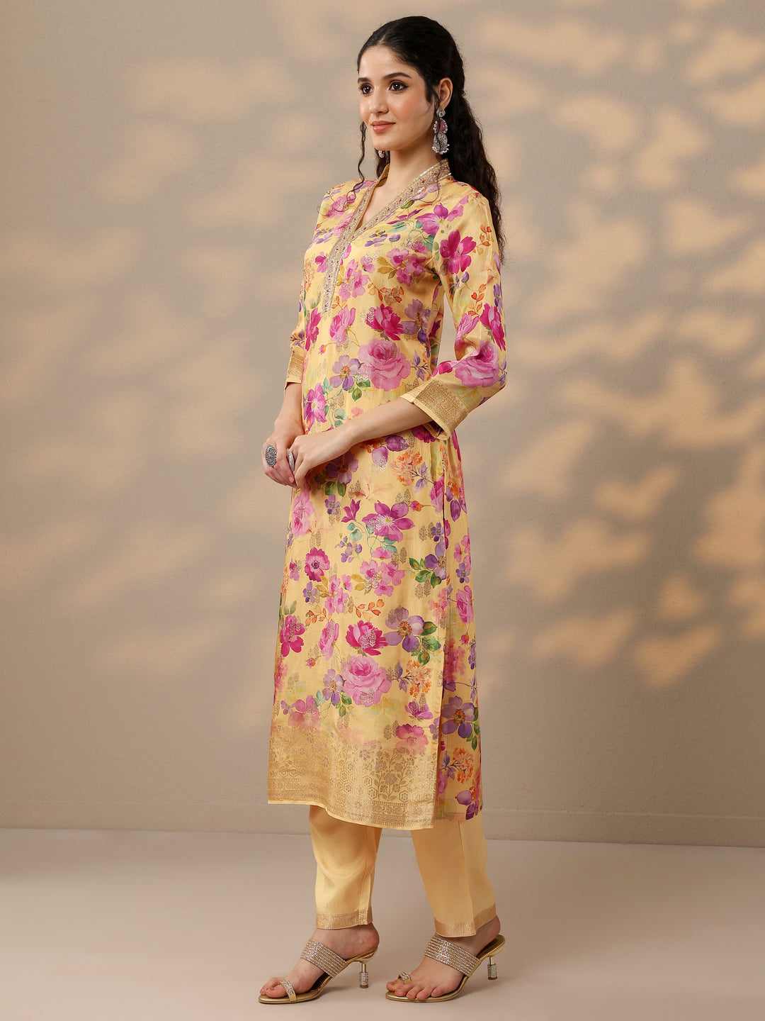  Yellow Printed Silk Blend Straight Suit Set With Dupatta 