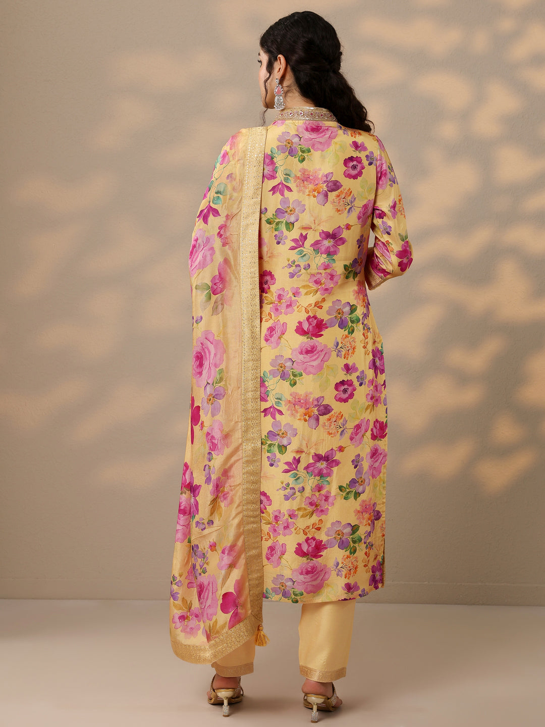  Yellow Printed Silk Blend Straight Suit Set With Dupatta 